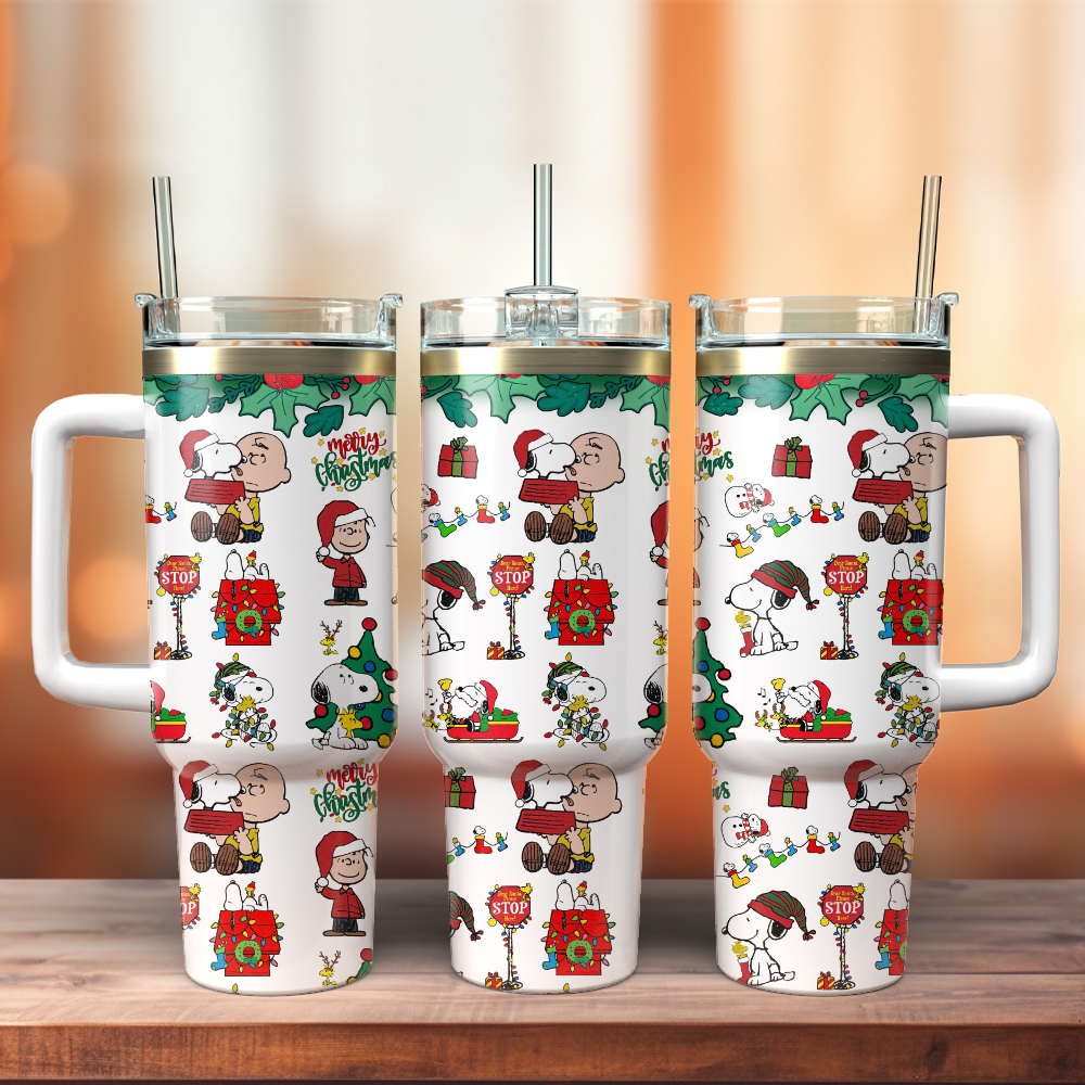 Snoopy and Charlie Brown Peanuts Cartoon Christmas Custom Stanley Cup 40 oz 30 oz Tumbler With Handle