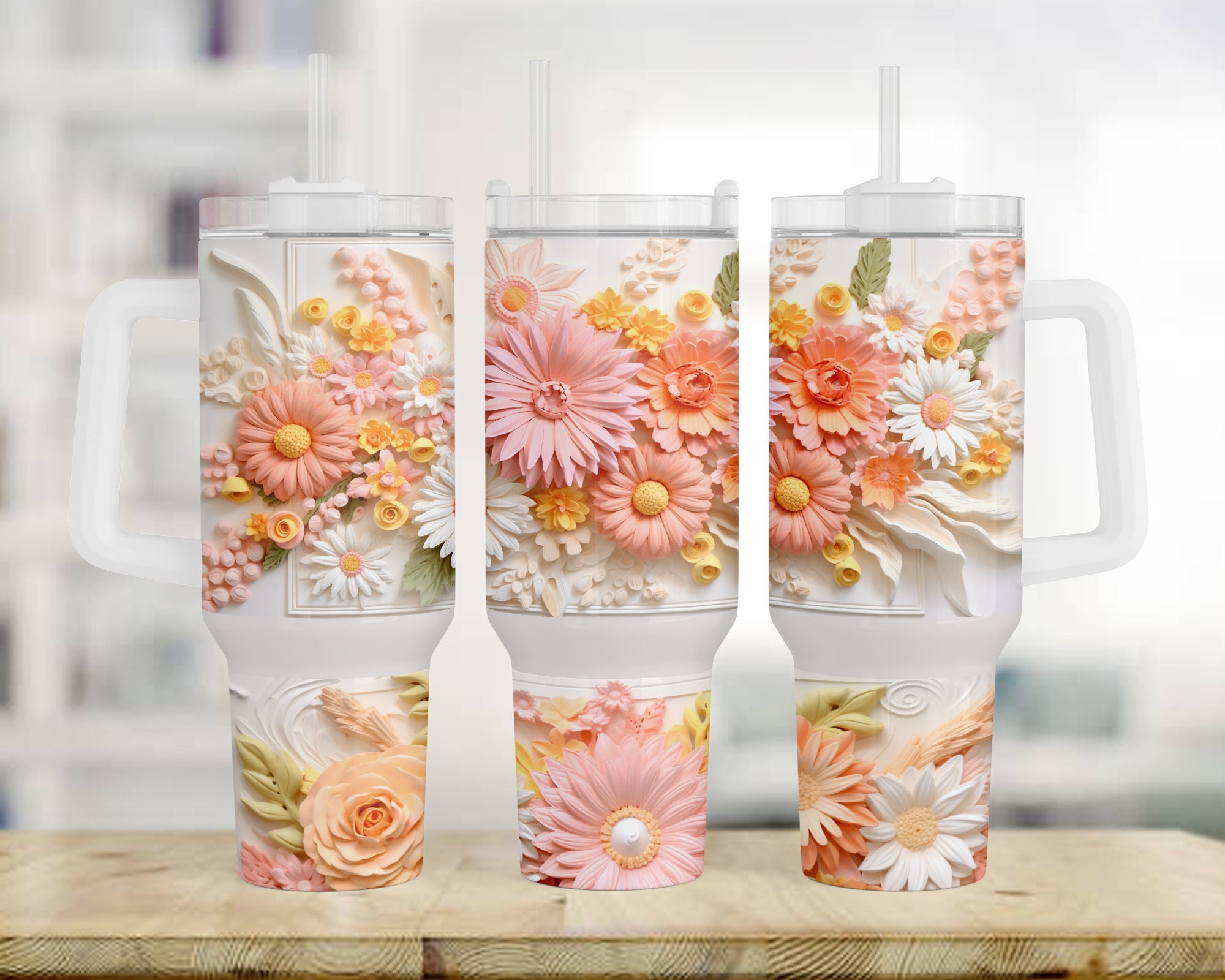 3D Flowers Custom Stanley Cup 40 oz 30 oz Tumbler With Handle