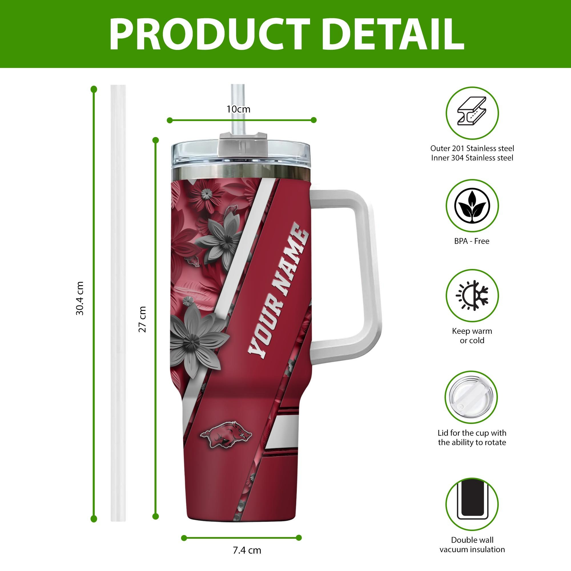 Arkansas Razorbacks NCAA Custom Stanley Cup 40 oz 30 oz Tumbler With Handle