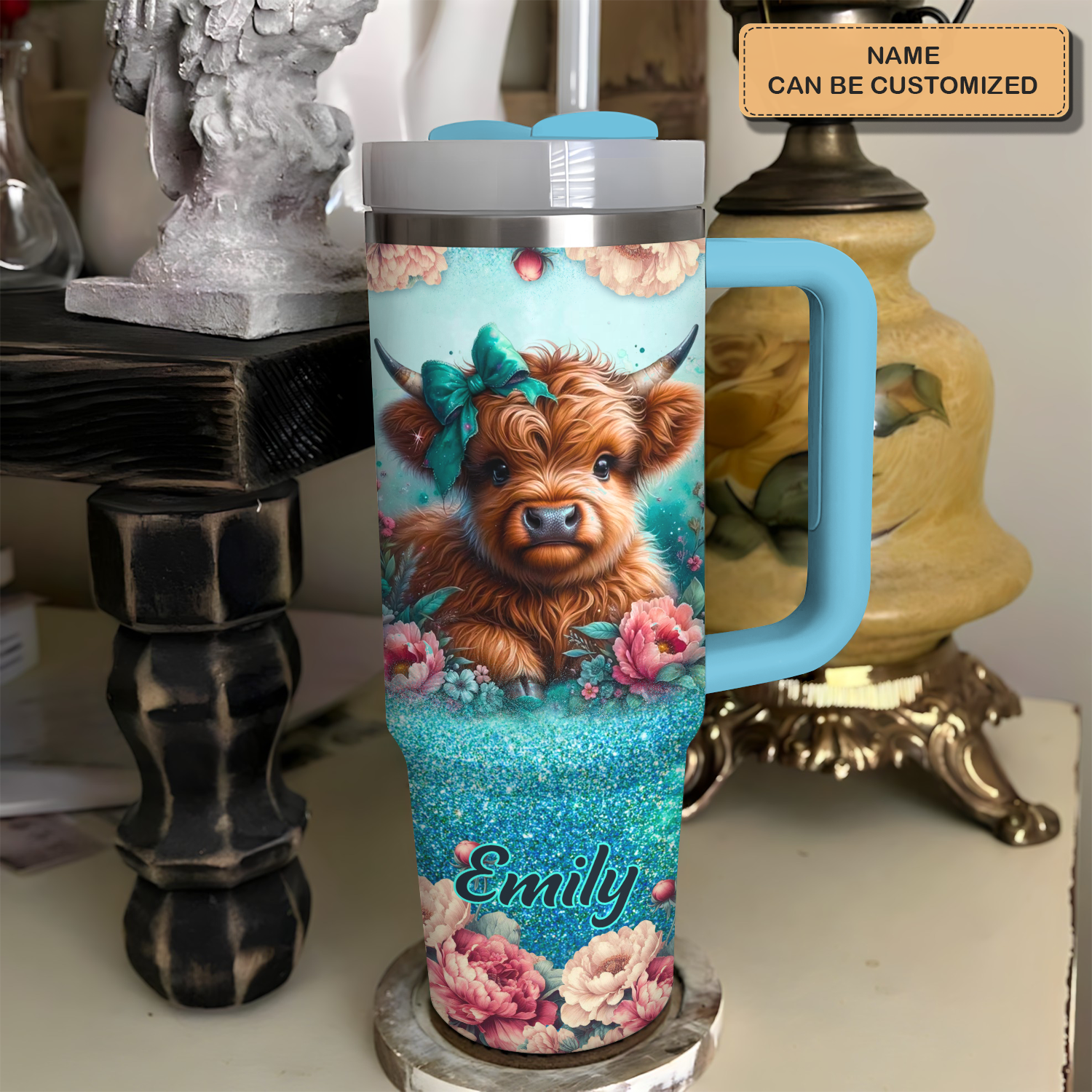 Blooming Moo-d - Personalized Tumbler With Handle - Gift for Highland Cow Lover NCU0PT17Custom Stanley Cup 40 oz 30 oz Tumbler With Handle