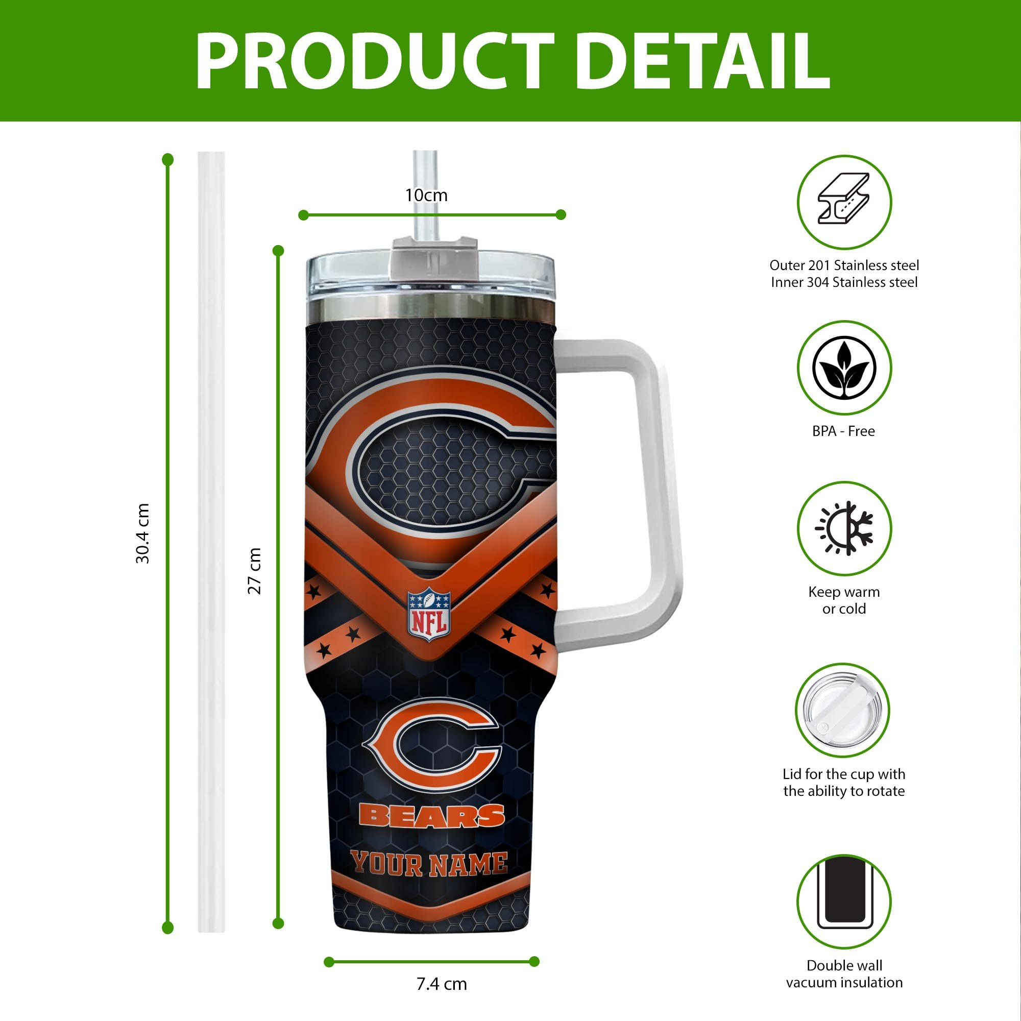 Chicago Bears NFL Custom Stanley Cup 40 oz 30 oz Tumbler With Handle