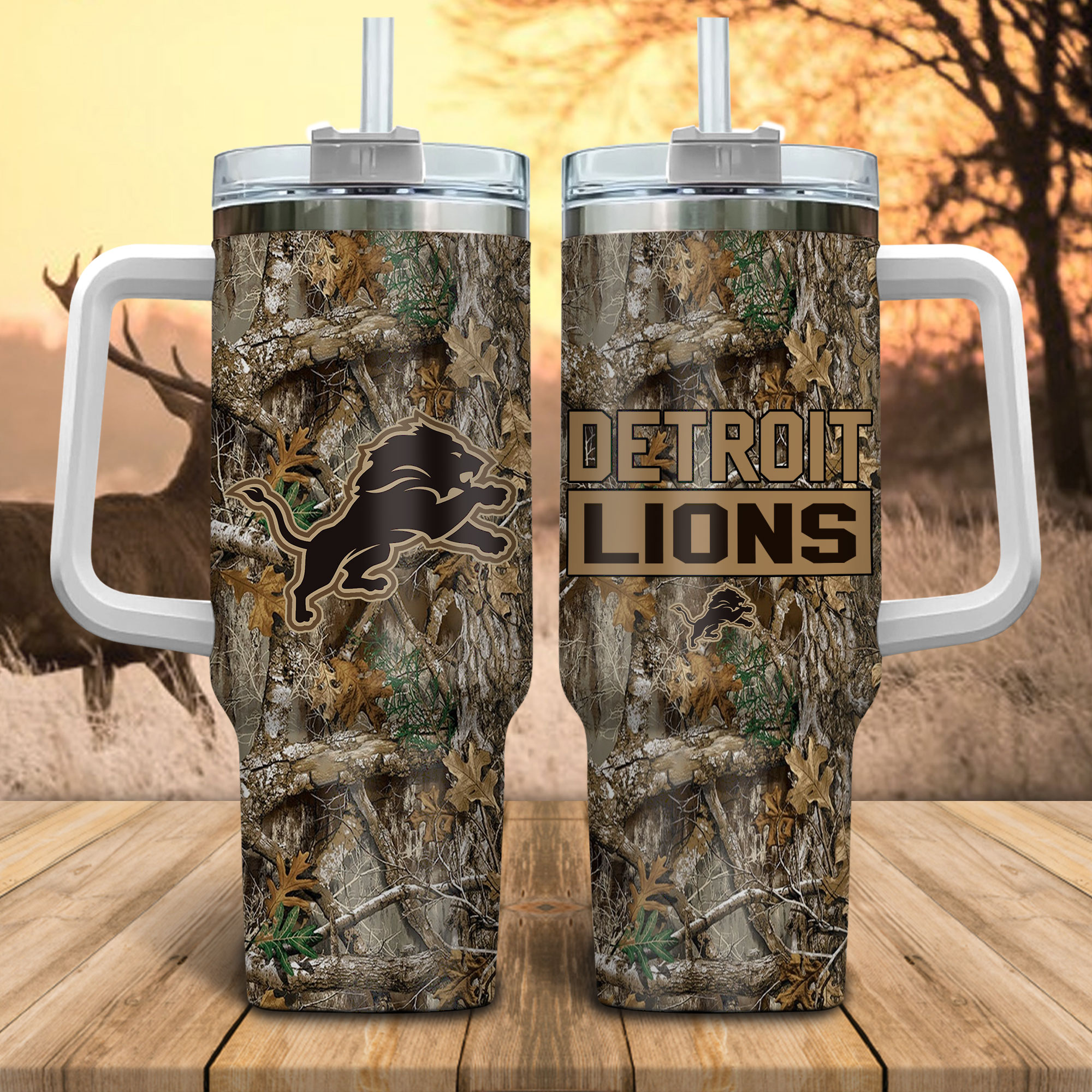 Detroit Lions NFL Hunting Realtree Custom Stanley Cup 40 oz 30 oz Tumbler With Handle