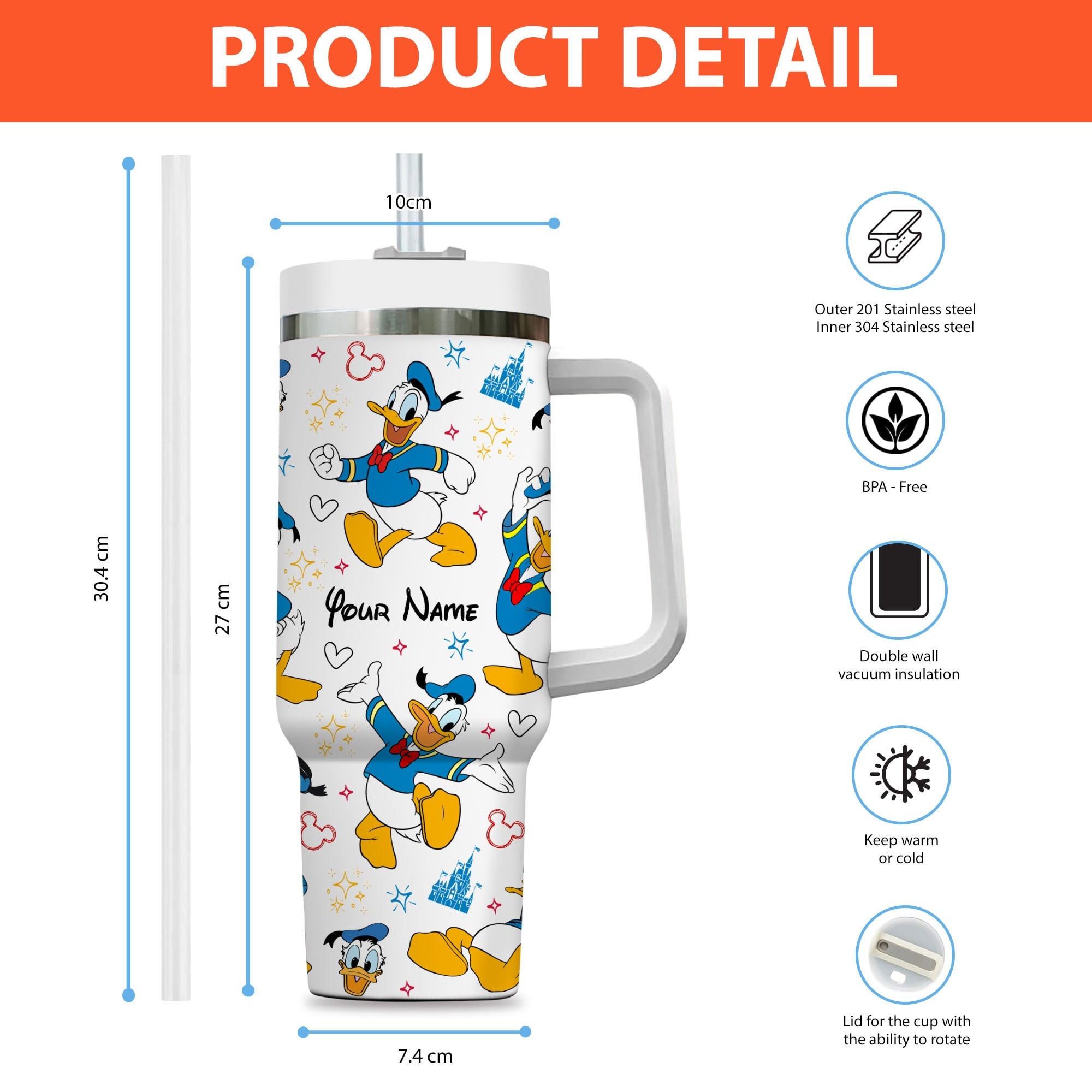 Donald Duck Disney Cartoon Custom Stanley Cup 40 oz 30 oz Tumbler With Handle