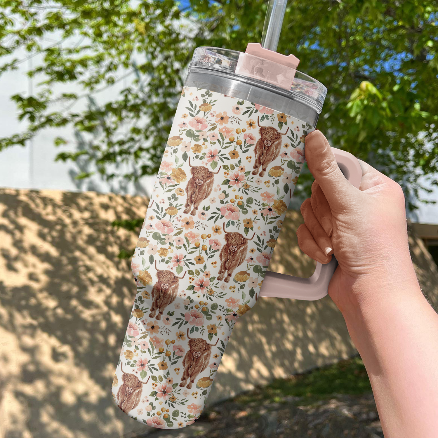 Floral Highland Cow Custom Stanley Cup 40 oz 30 oz Tumbler With Handle