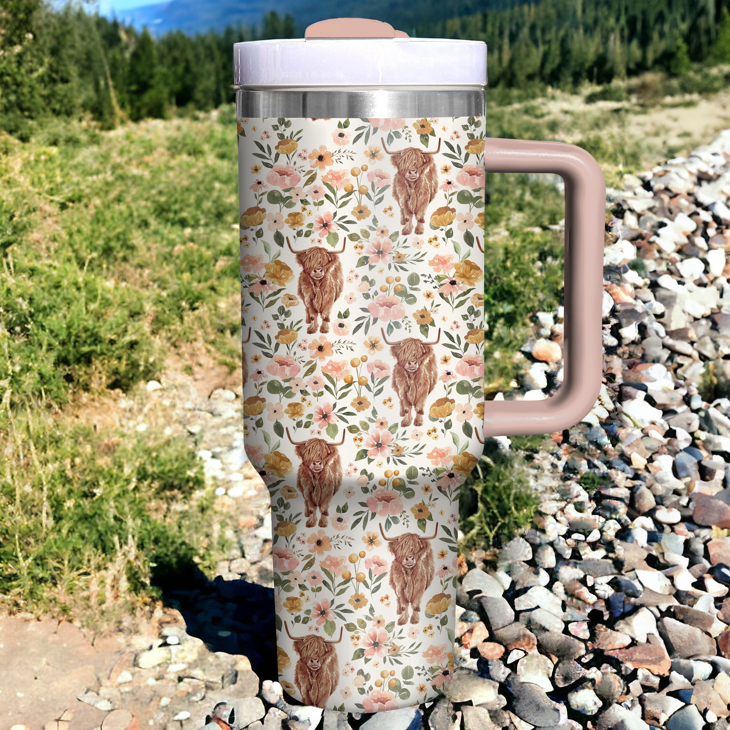 Floral Highland Cow Custom Stanley Cup 40 oz 30 oz Tumbler With Handle