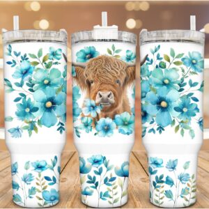 Floral Highland Cow Custom Stanley Cup 40 oz 30 oz Tumbler With Handle