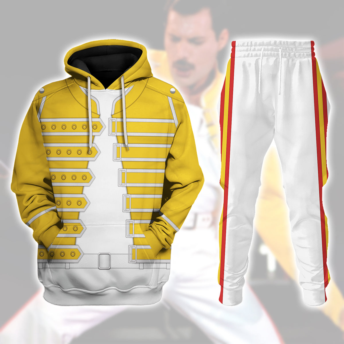 Freddie Mercury Costume Wembley Yellow Hoodie Sweatshirt T-Shirt Tracksuit - Stormmerch Exclusive