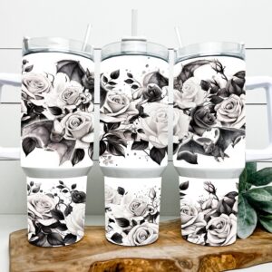 Gothic Black and White Roses Custom Stanley Cup 40 oz 30 oz Tumbler With Handle