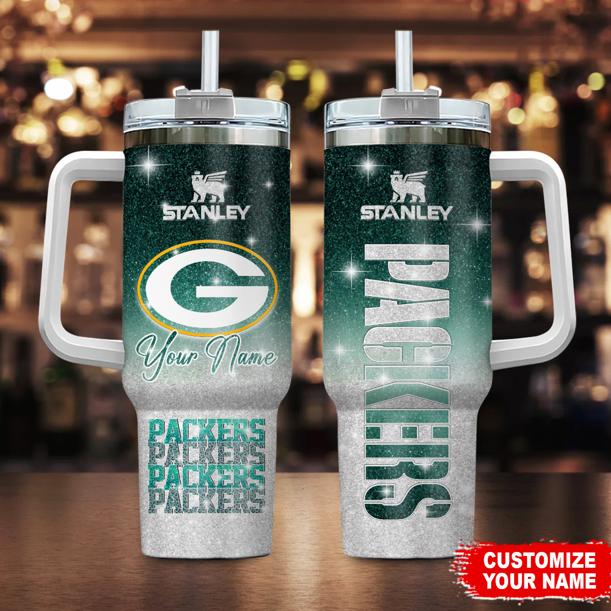 Green Bay Packers NFL Glitter Custom Stanley Cup 40 oz 30 oz Tumbler With Handle