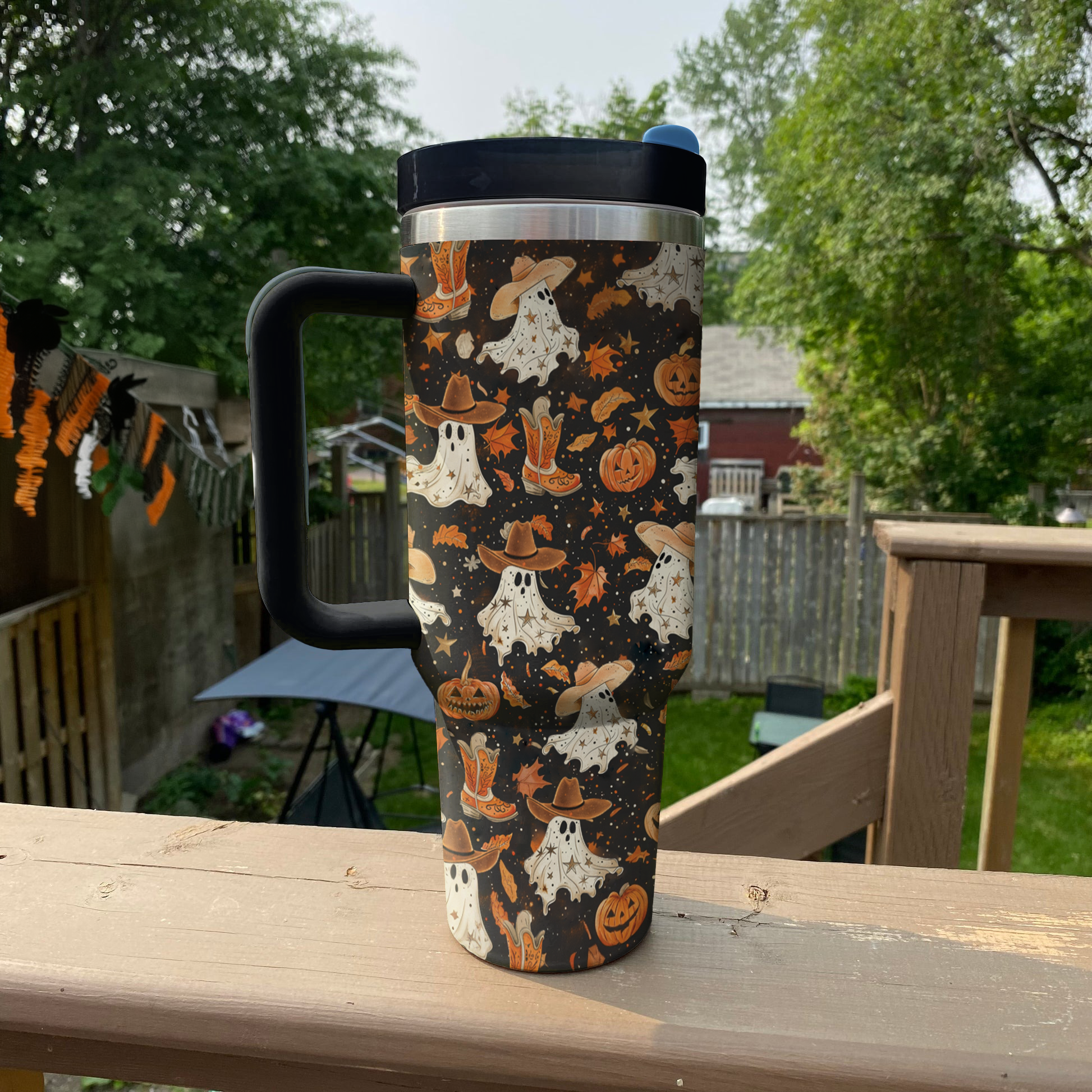 Halloween Brown Ghostly Cowboy Custom Stanley Cup 40 oz 30 oz Tumbler With Handle