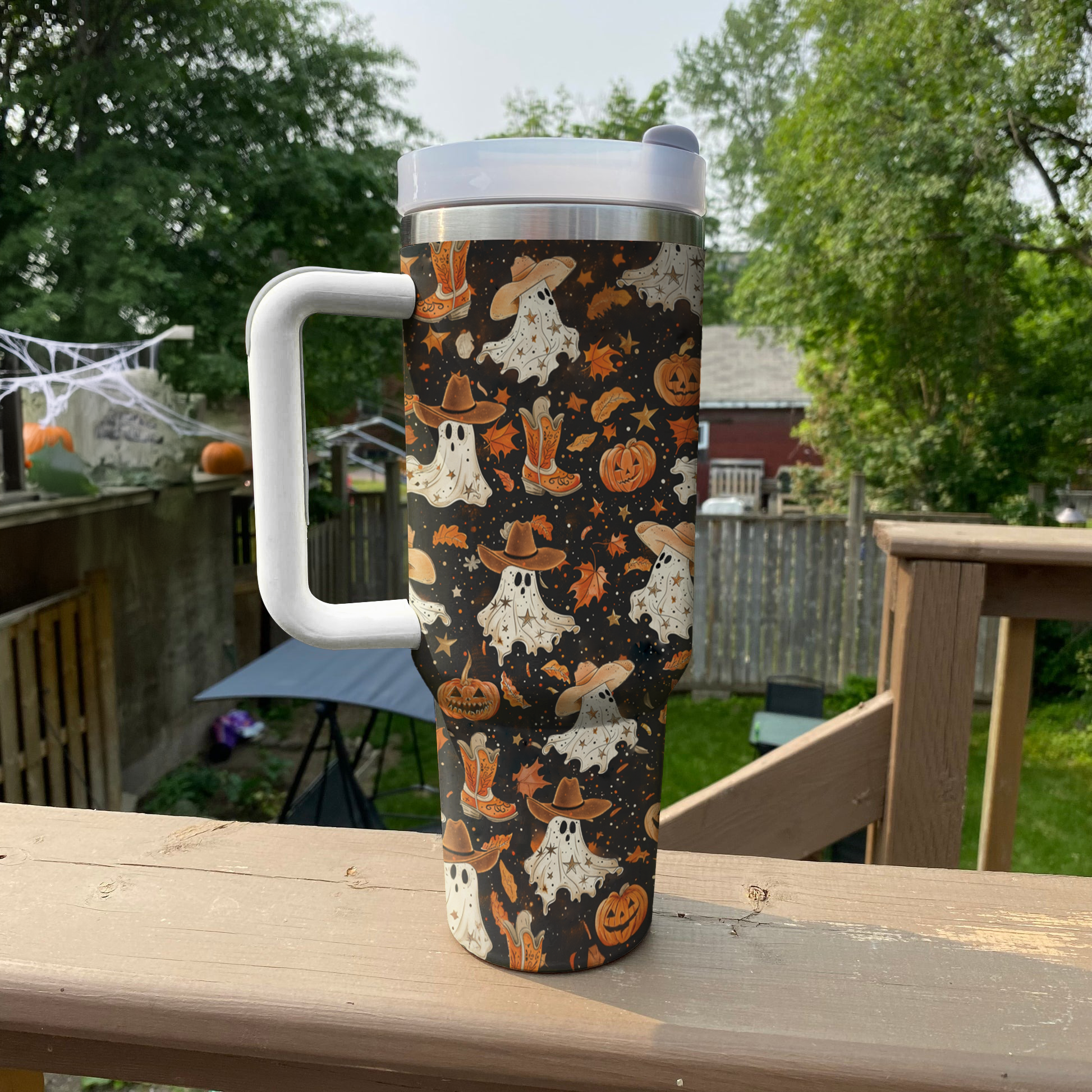 Halloween Brown Ghostly Cowboy Custom Stanley Cup 40 oz 30 oz Tumbler With Handle