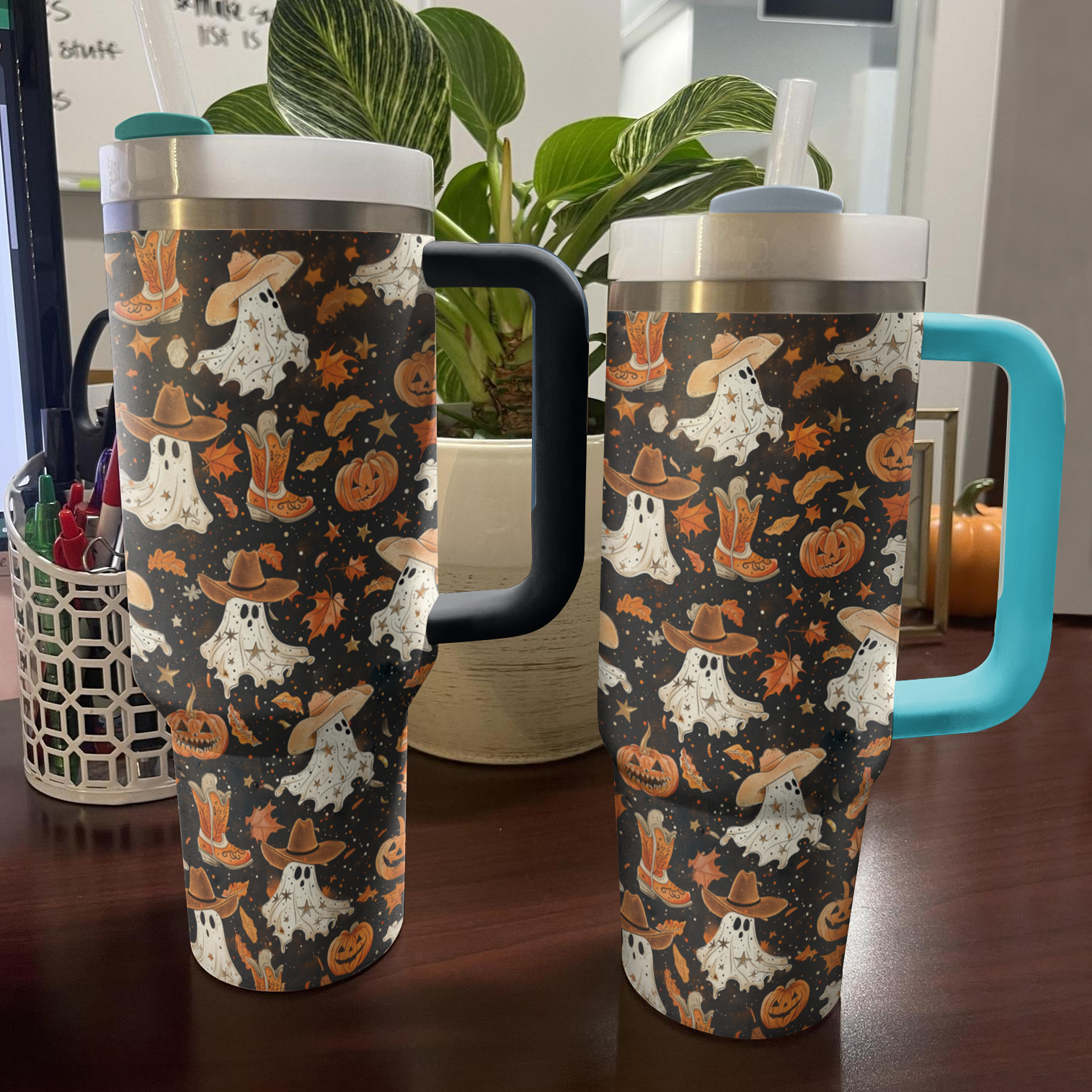 Halloween Brown Ghostly Cowboy Custom Stanley Cup 40 oz 30 oz Tumbler With Handle