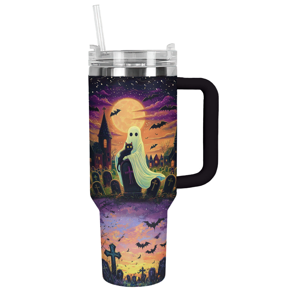Halloween Cat In Ghost Hands Custom Stanley Cup 40 oz 30 oz Tumbler With Handle