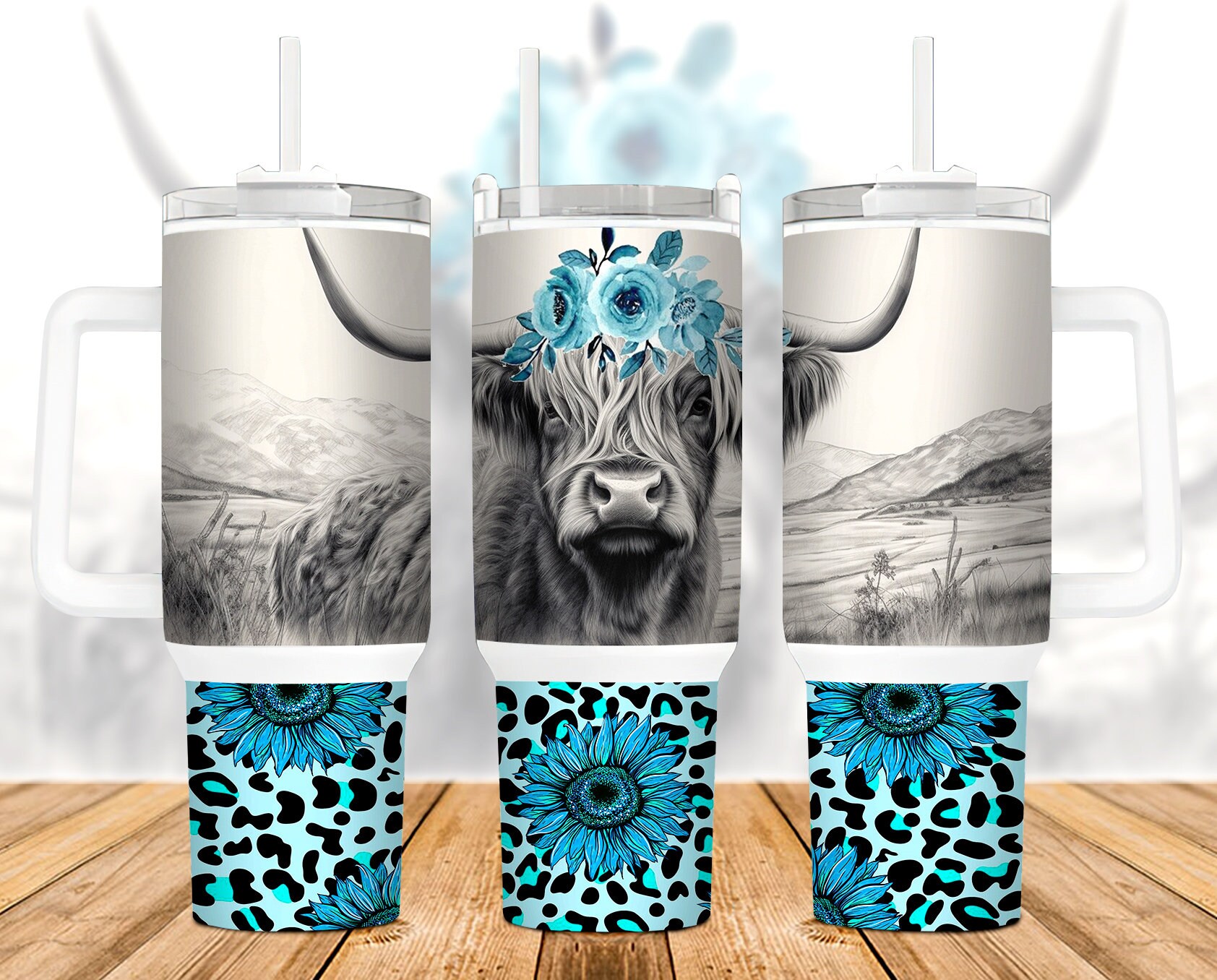 Highland Cow Teal Sunflower Custom Stanley Cup 40 oz 30 oz Tumbler With Handle