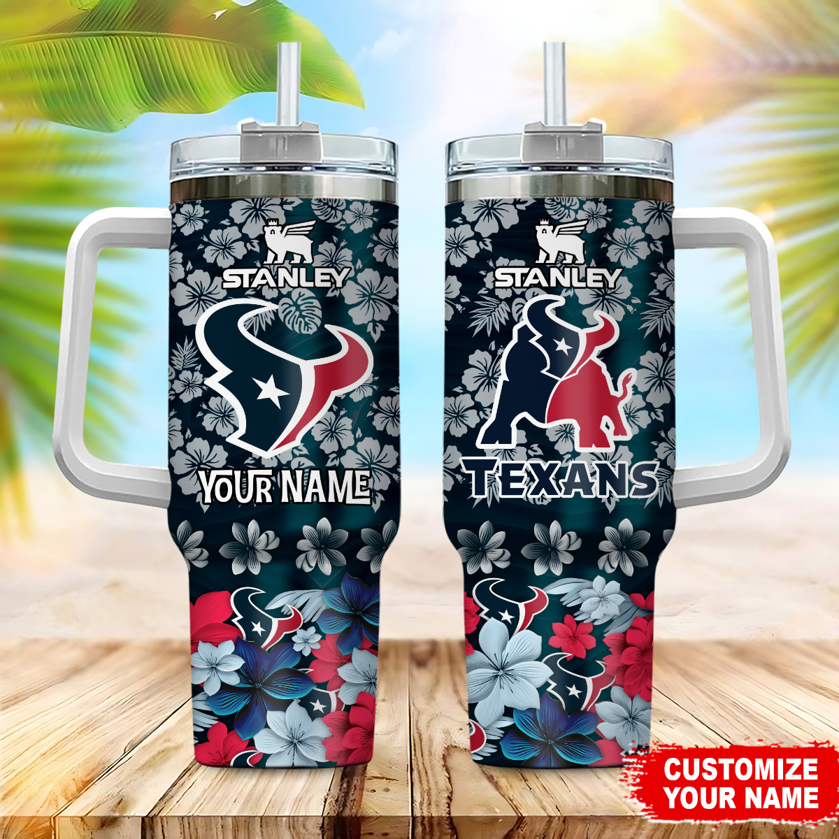 Houston Texans NFL Tropical Floral Custom Stanley Cup 40 oz 30 oz Tumbler With Handle