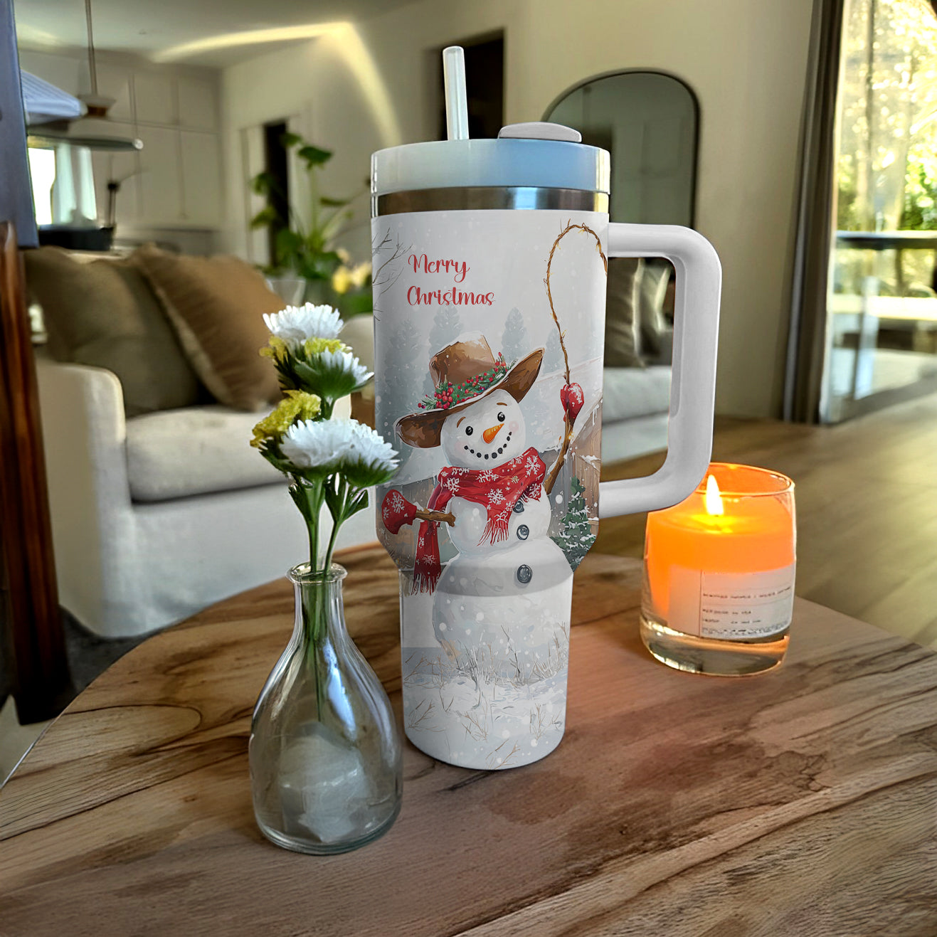Joyful Cowboy Snowman Christmas Custom Stanley Cup 40 oz 30 oz Tumbler With Handle
