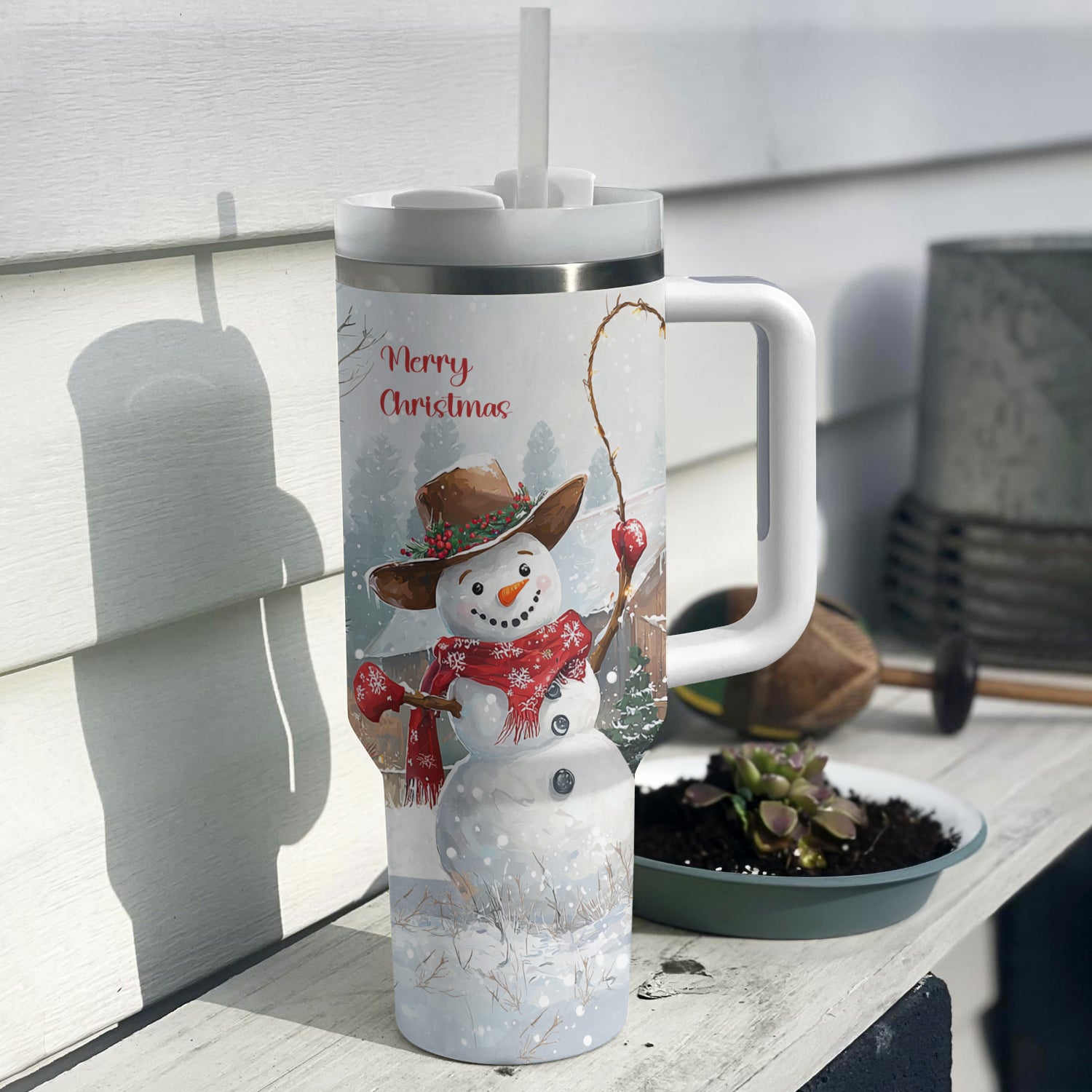 Joyful Cowboy Snowman Christmas Custom Stanley Cup 40 oz 30 oz Tumbler With Handle
