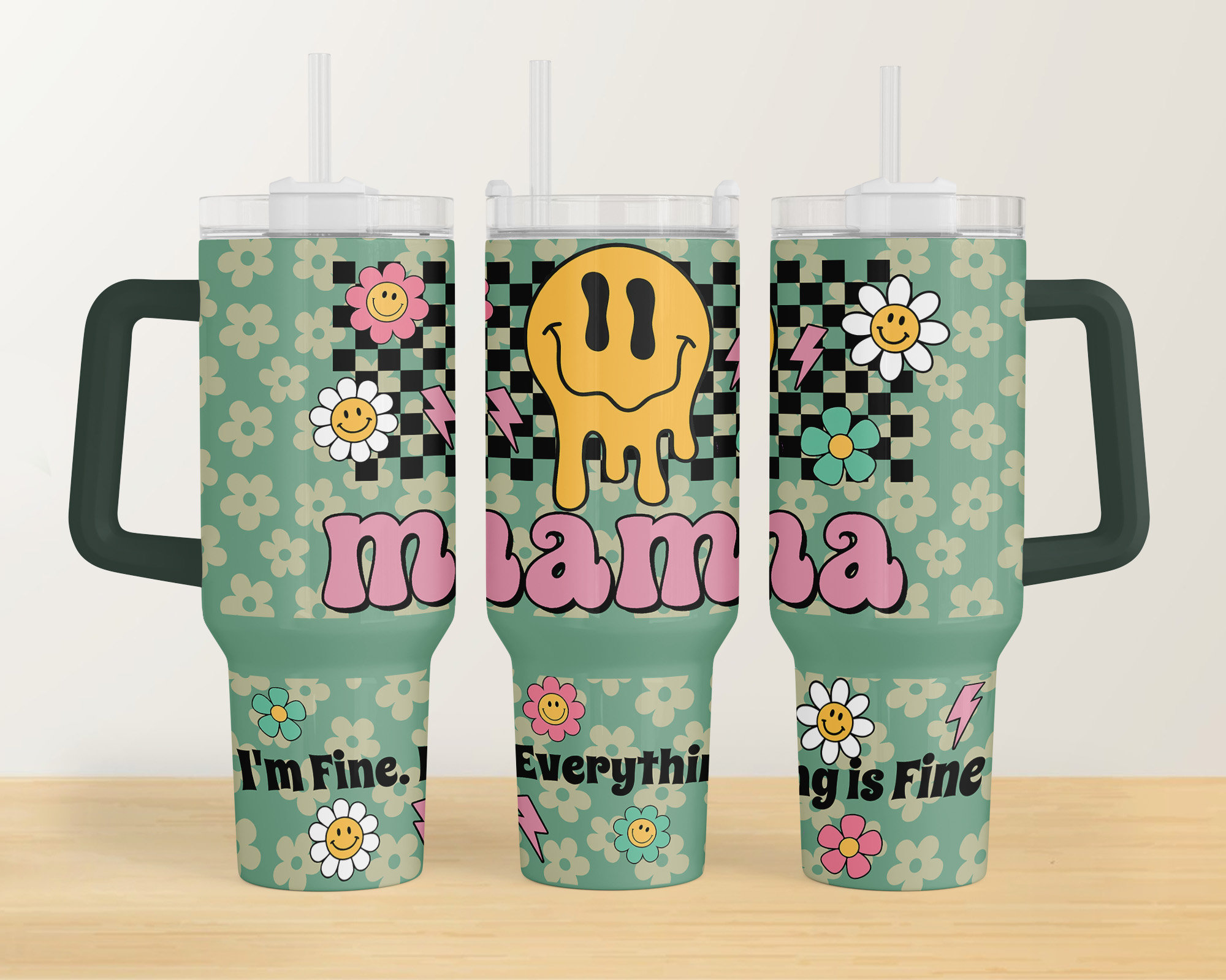 Mama Retro Checkered Smiley Face Custom Stanley Cup 40 oz 30 oz Tumbler With Handle