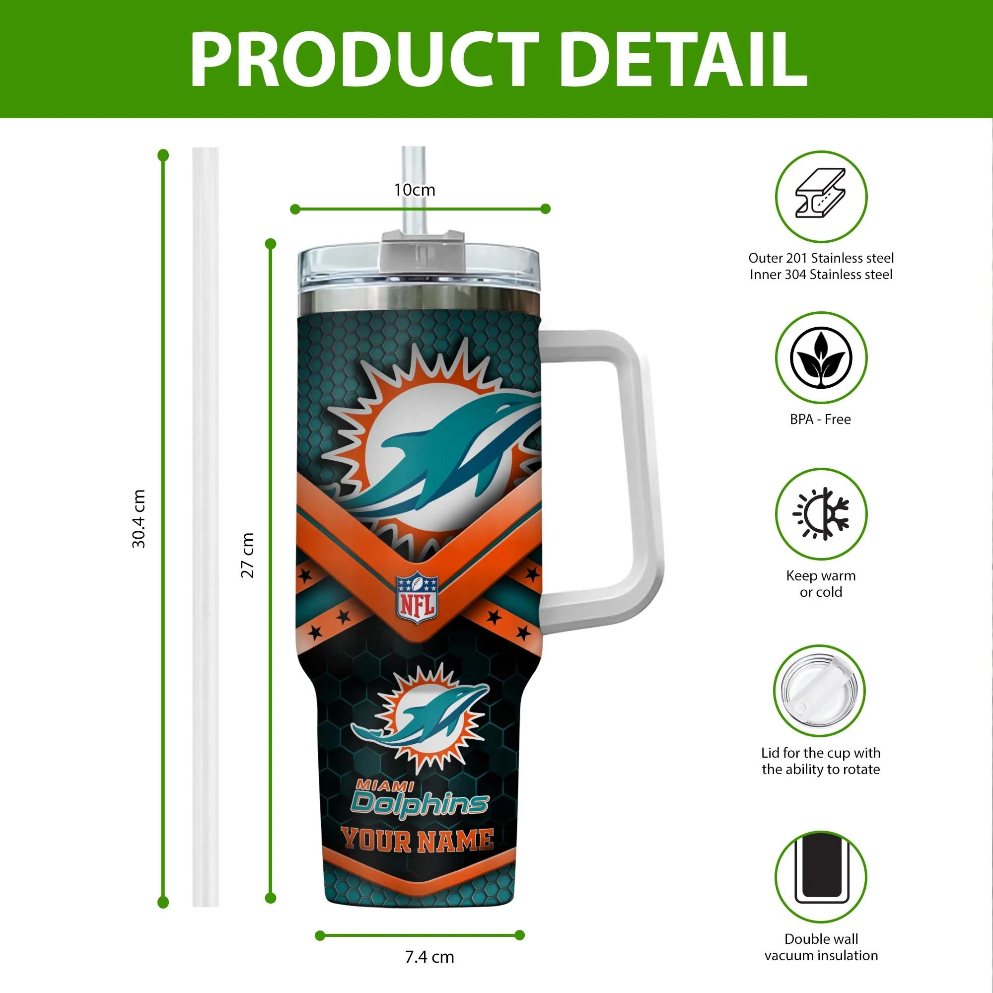 Miami Dolphins NFL Custom Stanley Cup 40 oz 30 oz Tumbler With Handle