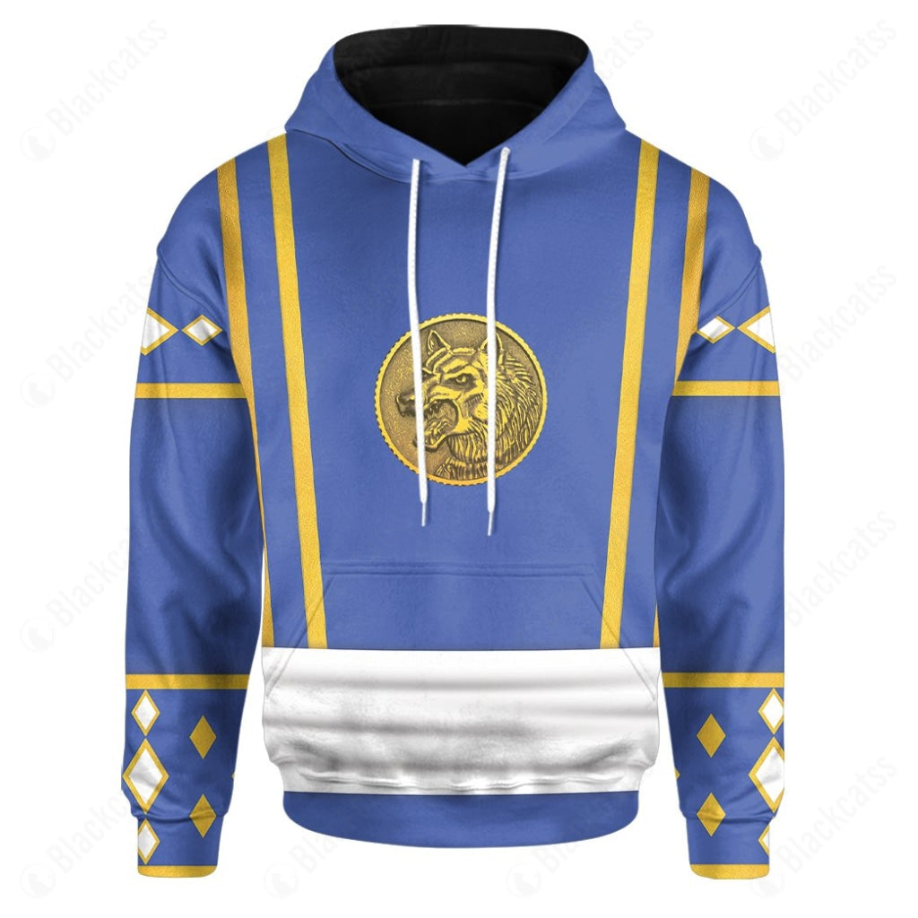 Mighty Morphin Power Ranger Ninja Rangers Blue Wolf Costume Hoodie Sweatshirt T-Shirt Sweatpants Tracksuit - Stormmerch Exclusive
