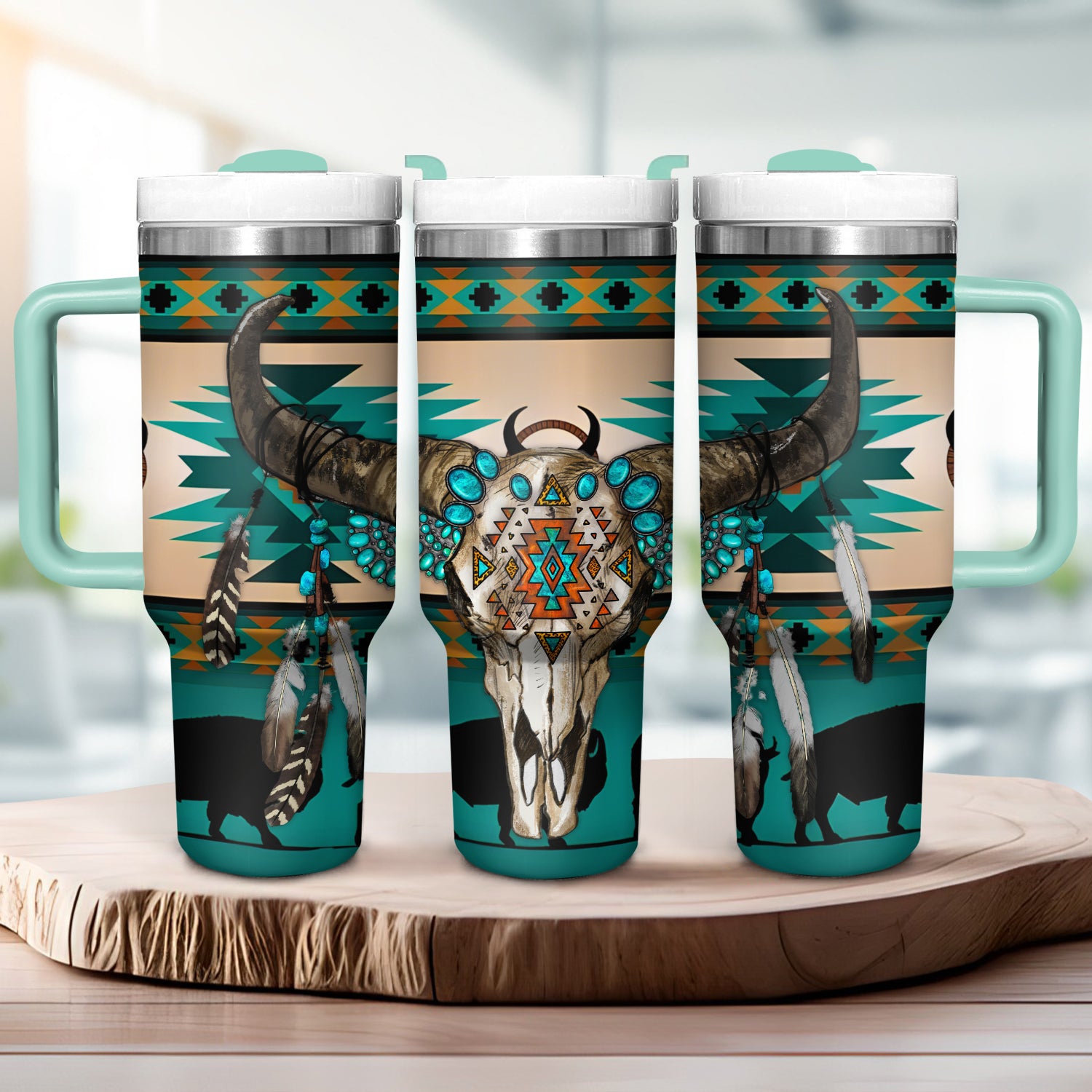 Native Cow Skull Custom Stanley Cup 40 oz 30 oz Tumbler With Handle