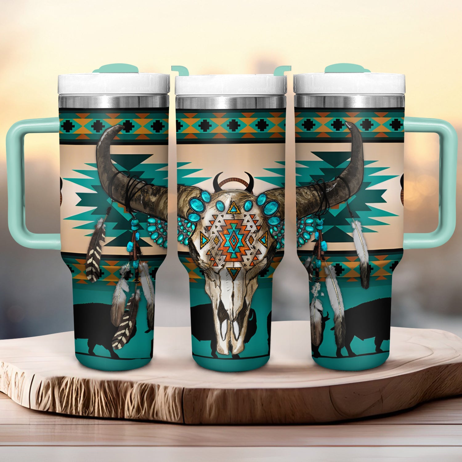 Native Cow Skull Custom Stanley Cup 40 oz 30 oz Tumbler With Handle