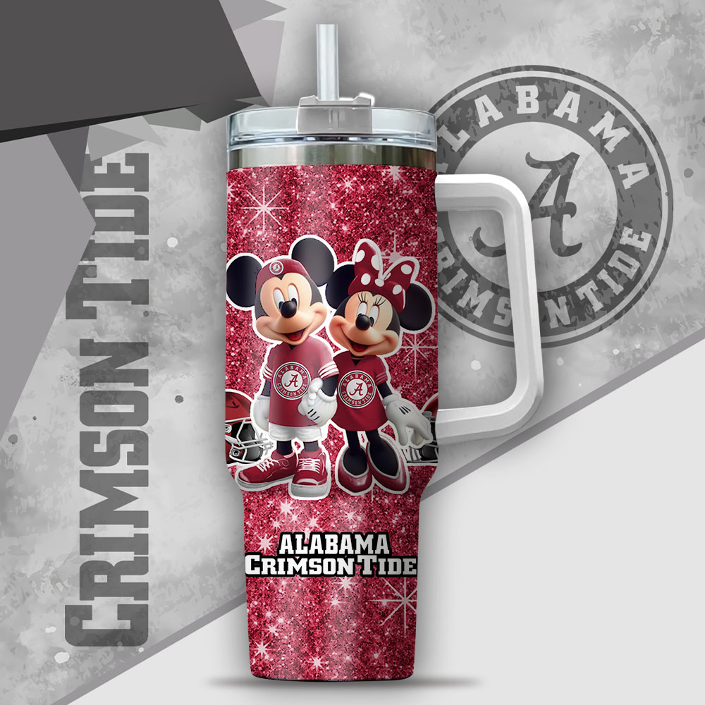 NCAA Alabama Crimson Tide Mickey And Minnie Couple Custom Stanley Cup 40 oz 30 oz Tumbler With Handle