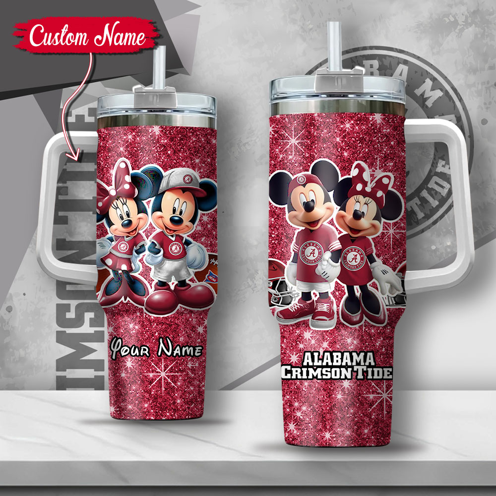 NCAA Alabama Crimson Tide Mickey And Minnie Couple Custom Stanley Cup 40 oz 30 oz Tumbler With Handle