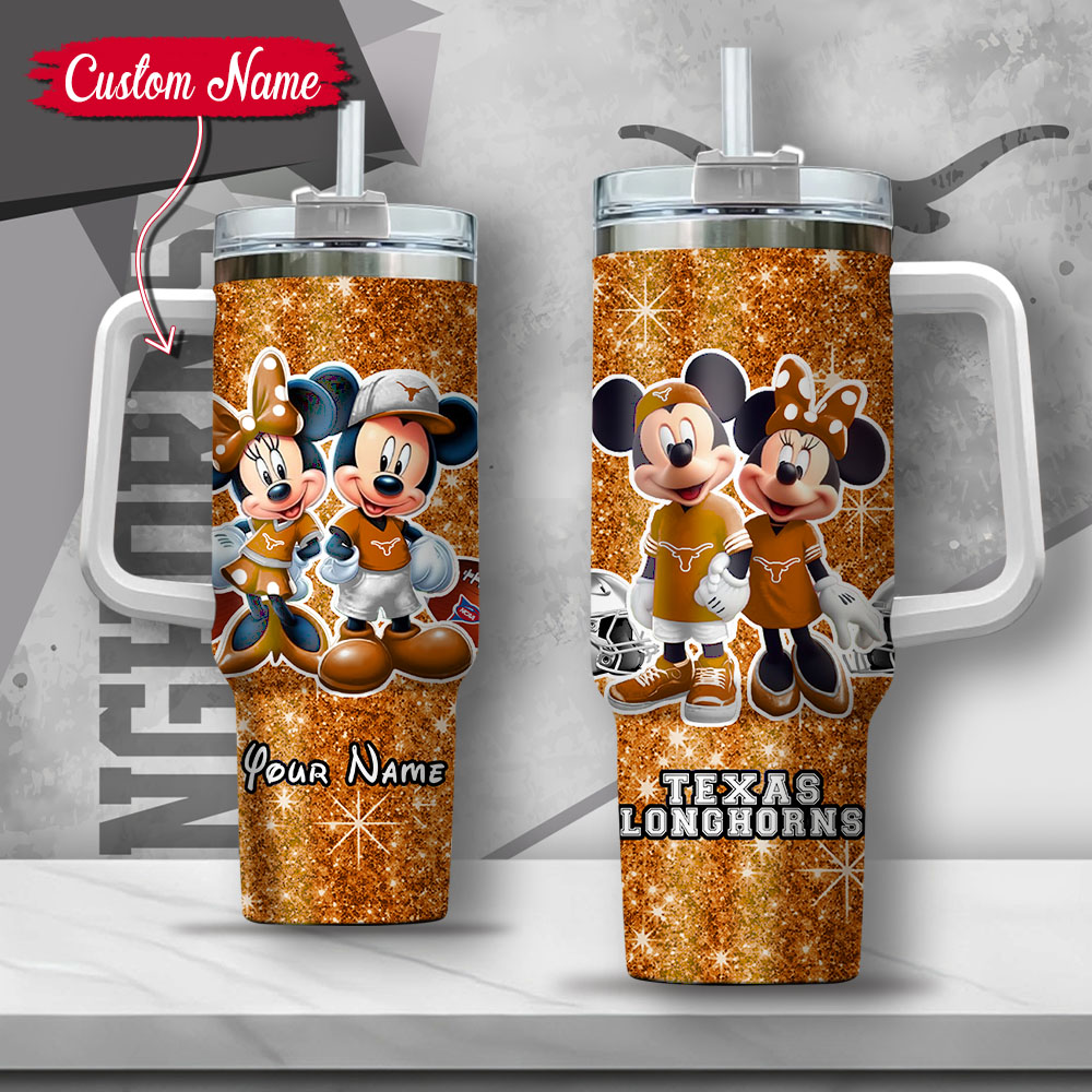 NCAA Texas Longhorns Mickey And Minnie Couple Custom Stanley Cup 40 oz 30 oz Tumbler With Handle
