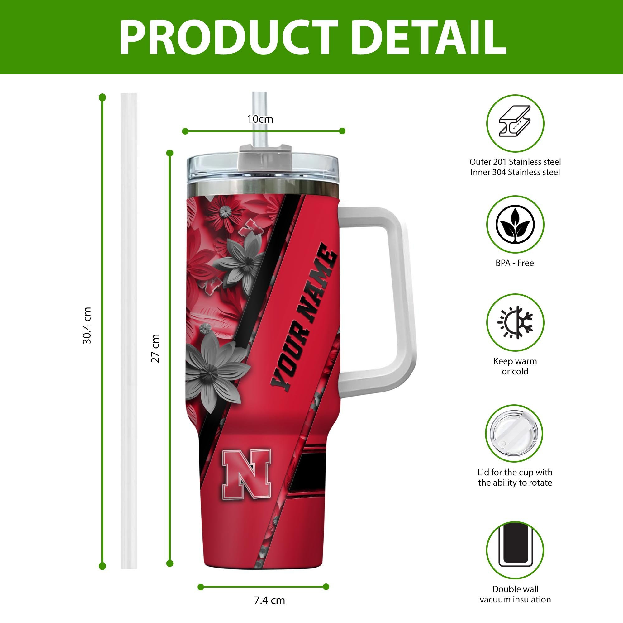 Nebraska Cornhuskers NCAA Custom Stanley Cup 40 oz 30 oz Tumbler With Handle