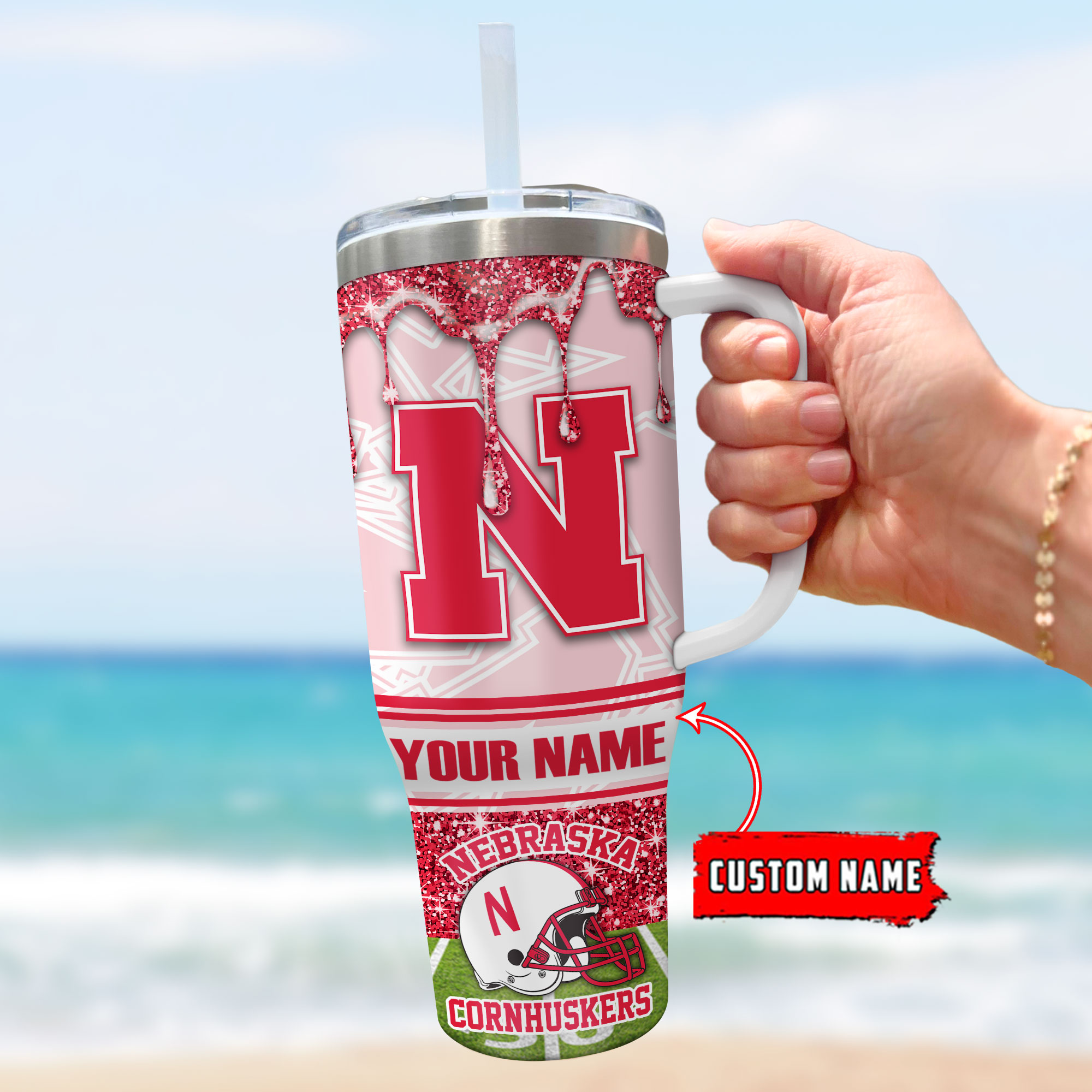 Nebraska Cornhuskers NCAA Glitter Custom Stanley Cup 40 oz 30 oz Tumbler With Handle