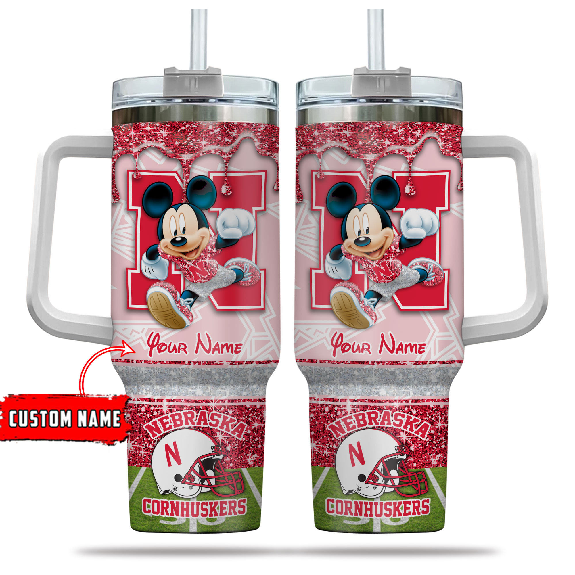 Nebraska Cornhuskers NCAA Mickey Mouse Glitter Custom Stanley Cup 40 oz 30 oz Tumbler With Handle
