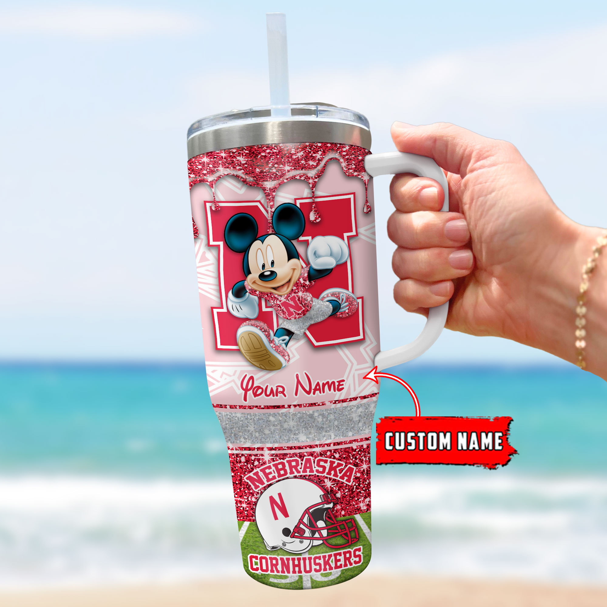 Nebraska Cornhuskers NCAA Mickey Mouse Glitter Custom Stanley Cup 40 oz 30 oz Tumbler With Handle