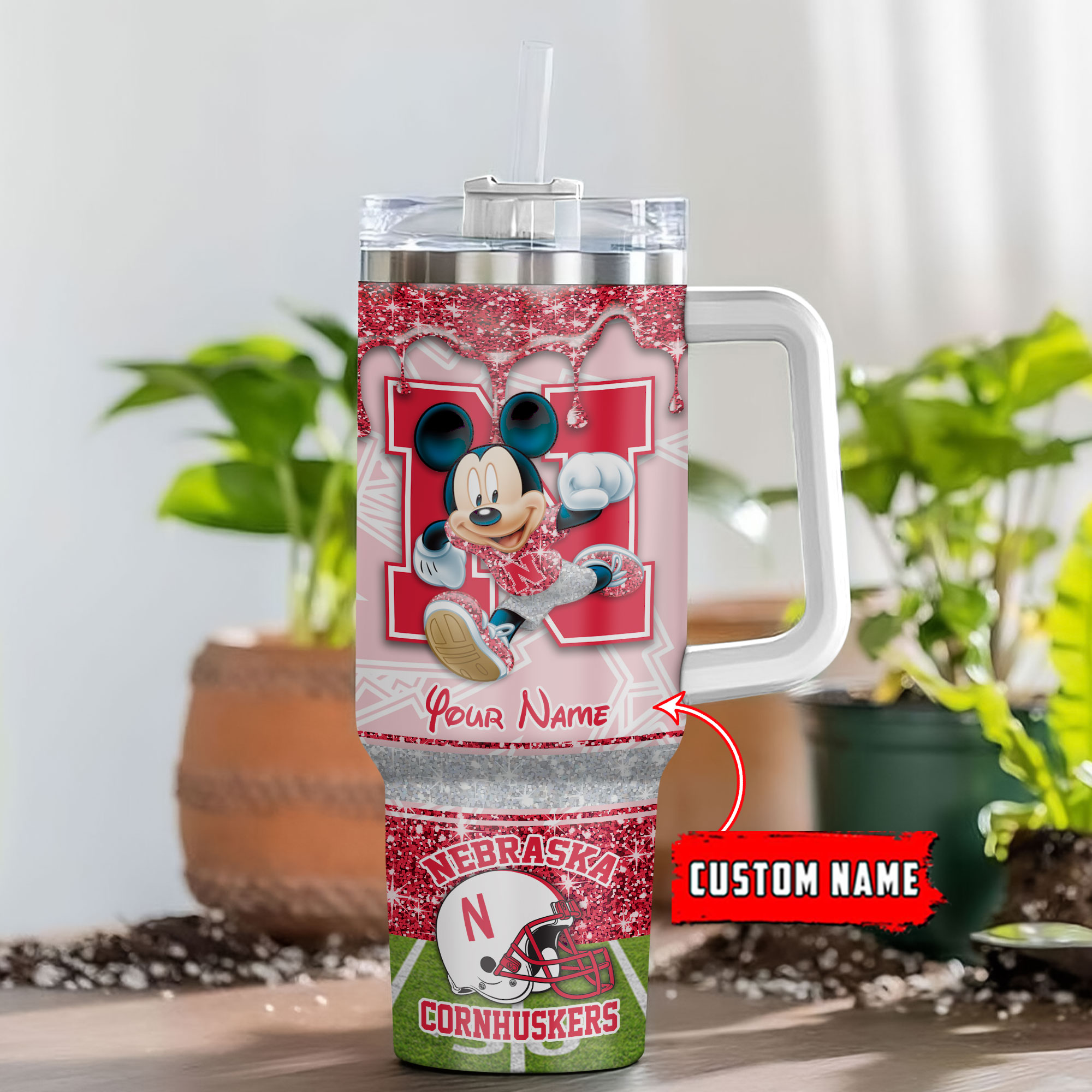 Nebraska Cornhuskers NCAA Mickey Mouse Glitter Custom Stanley Cup 40 oz 30 oz Tumbler With Handle
