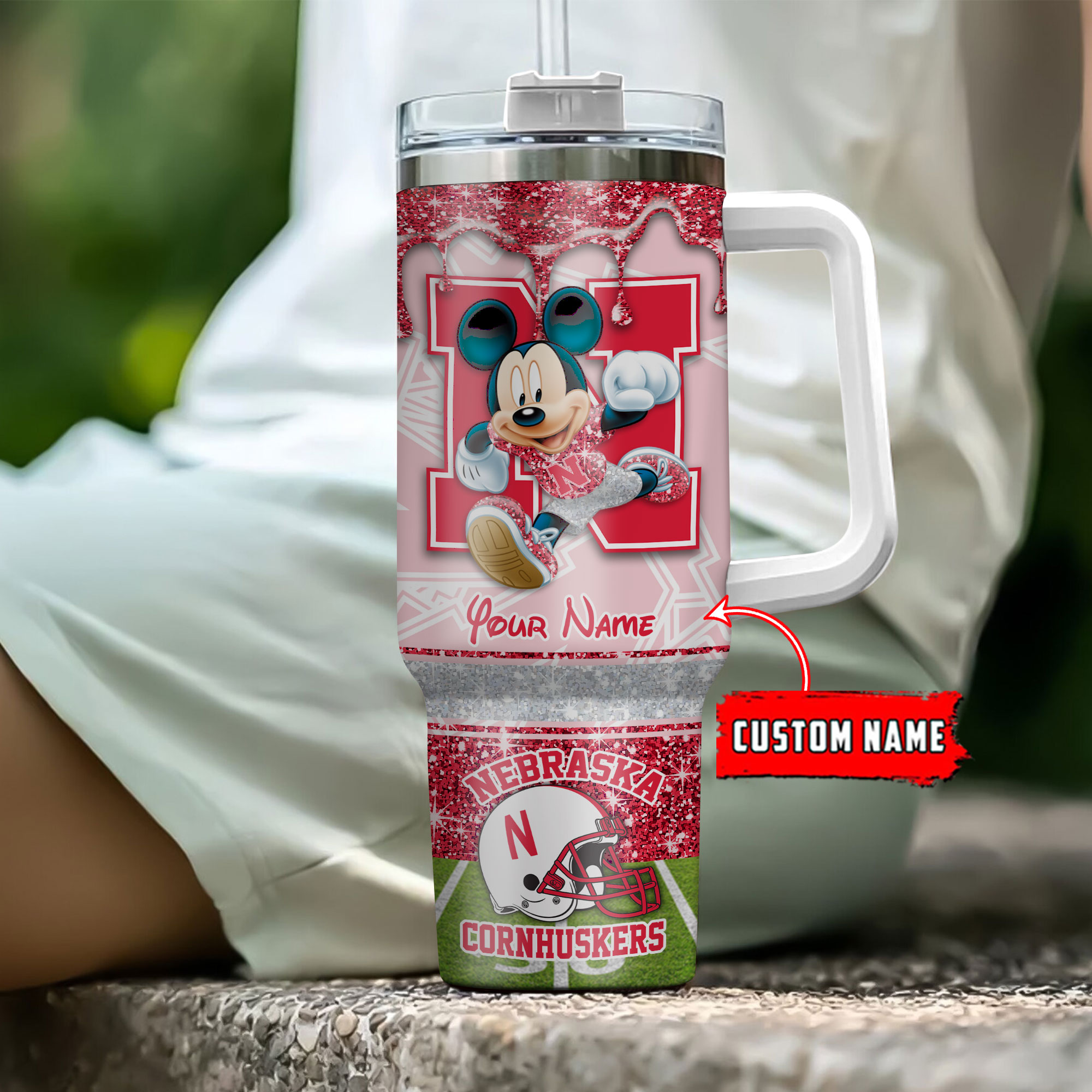 Nebraska Cornhuskers NCAA Mickey Mouse Glitter Custom Stanley Cup 40 oz 30 oz Tumbler With Handle