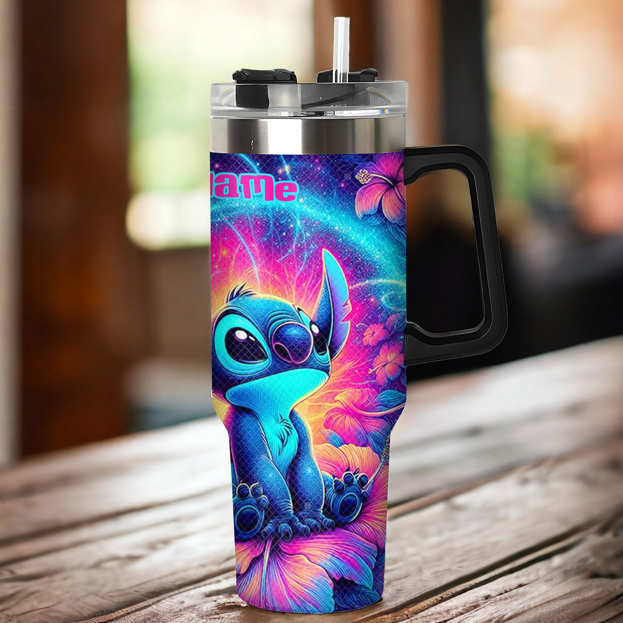 Neon Light Colorful Stitch Cartoon Custom Stanley Cup 40 oz 30 oz Tumbler With Handle