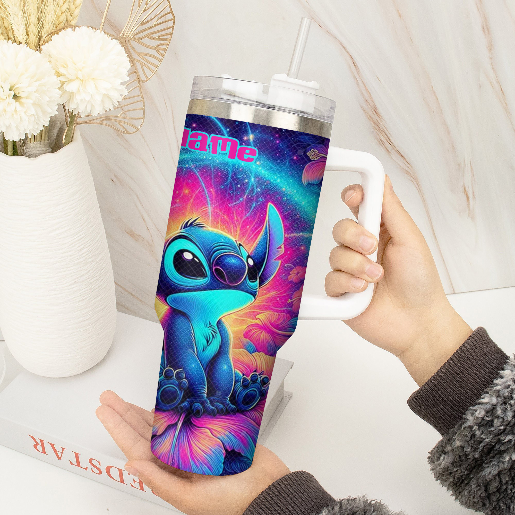 Neon Light Colorful Stitch Cartoon Custom Stanley Cup 40 oz 30 oz Tumbler With Handle