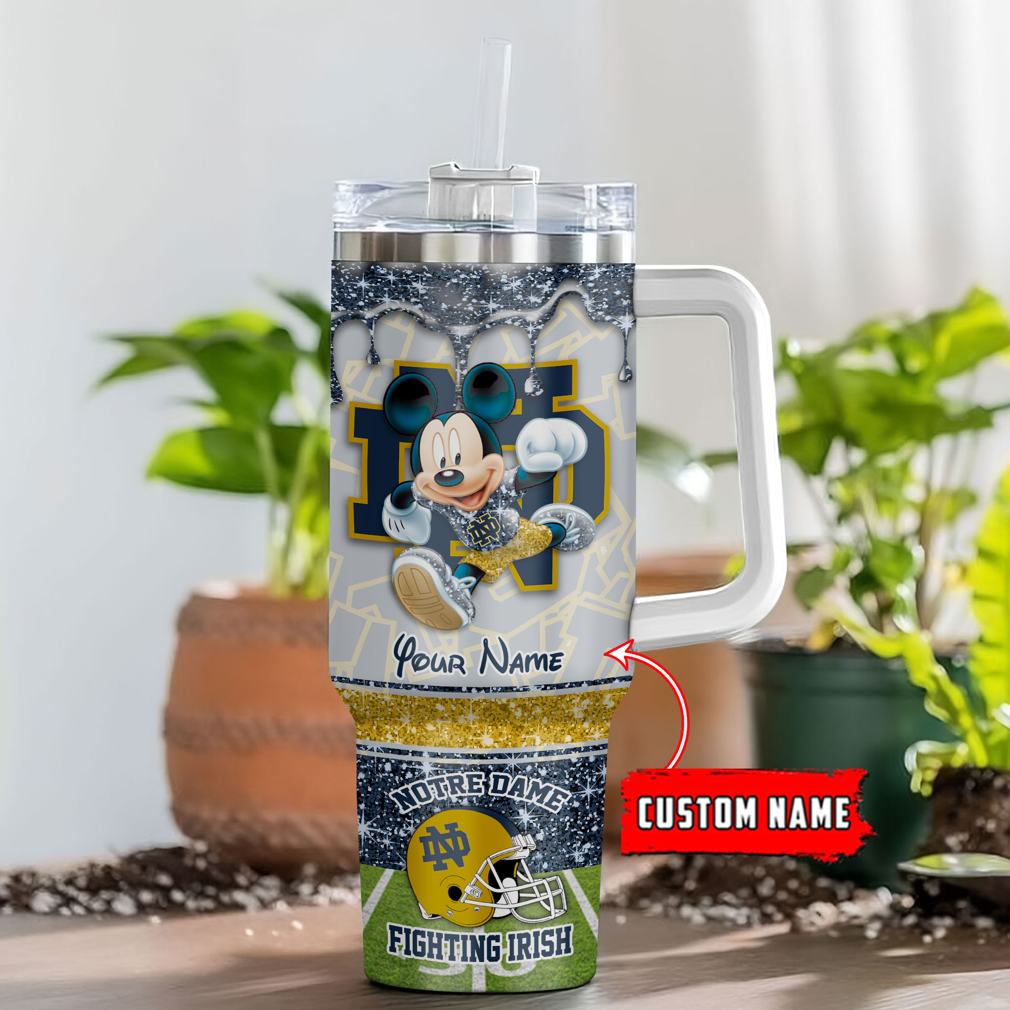 Notre Dame Fighting Irish NCAA Mickey Mouse Glitter Custom Stanley Cup 40 oz 30 oz Tumbler With Handle