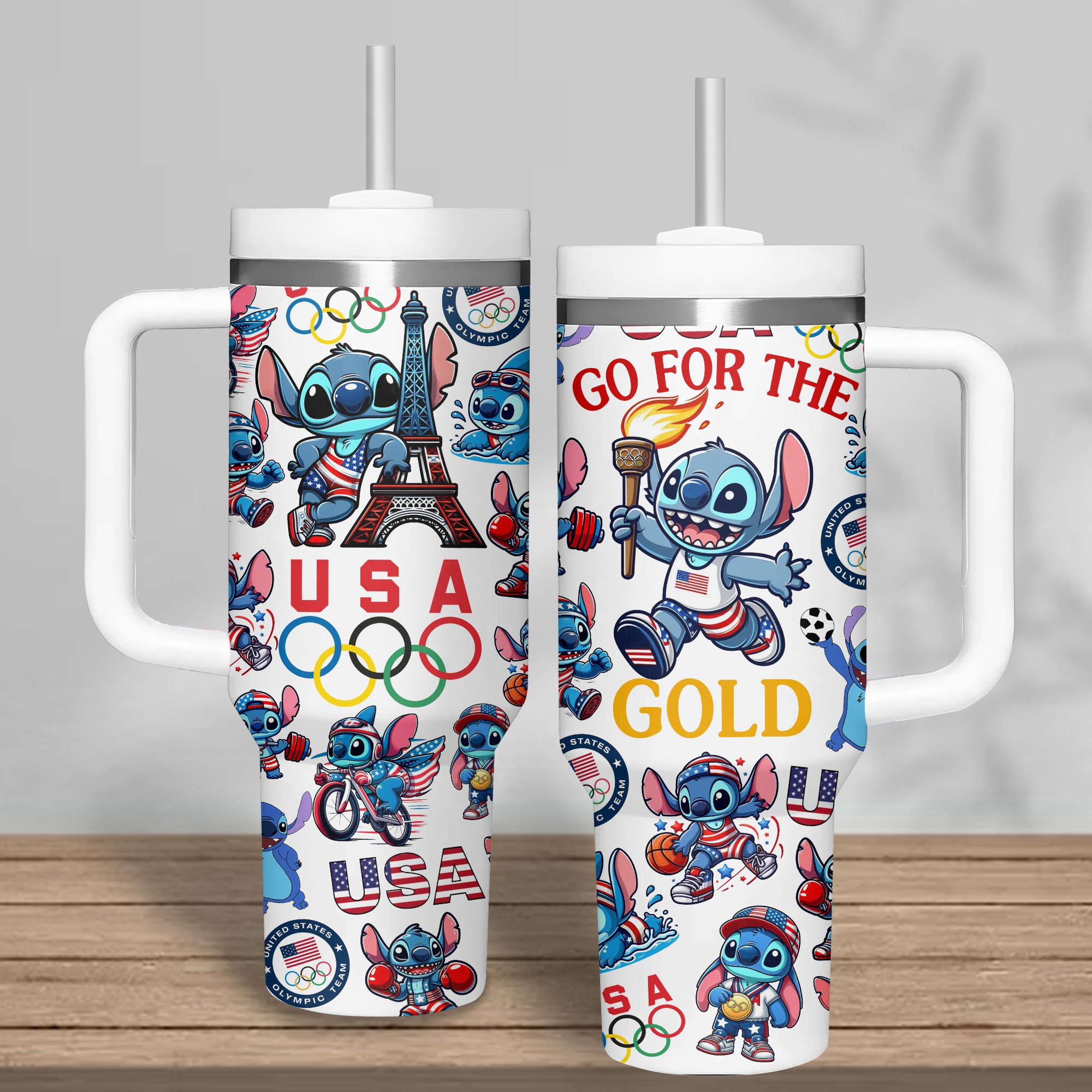 Olympic Paris 2024 Stitch Cartoon Custom Stanley Cup 40 oz 30 oz Tumbler With Handle