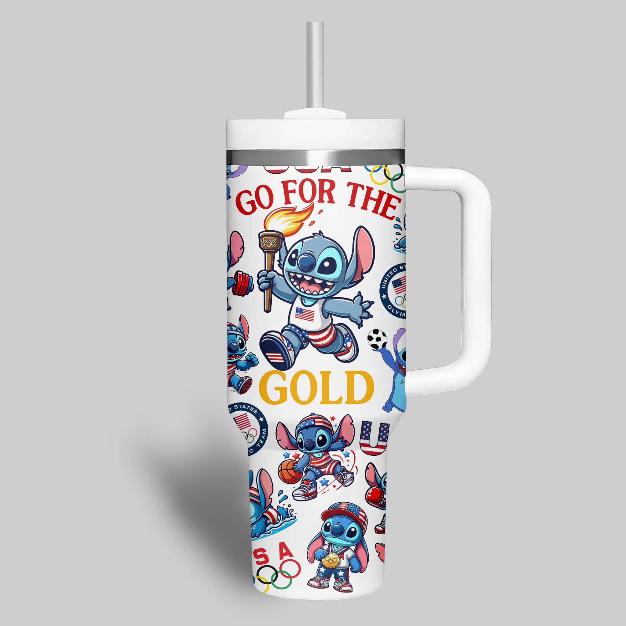 Olympic Paris 2024 Stitch Cartoon Custom Stanley Cup 40 oz 30 oz Tumbler With Handle