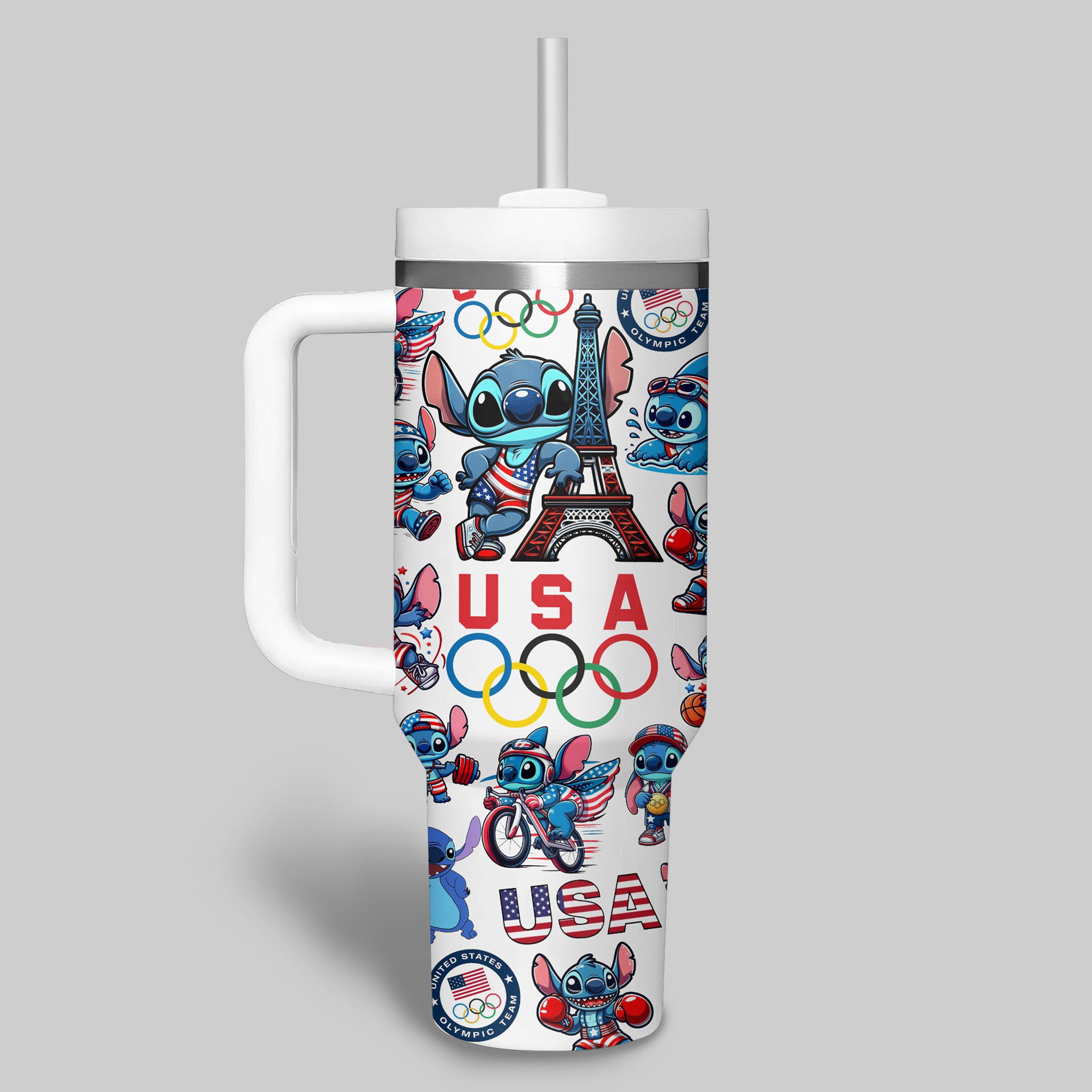 Olympic Paris 2024 Stitch Cartoon Custom Stanley Cup 40 oz 30 oz Tumbler With Handle