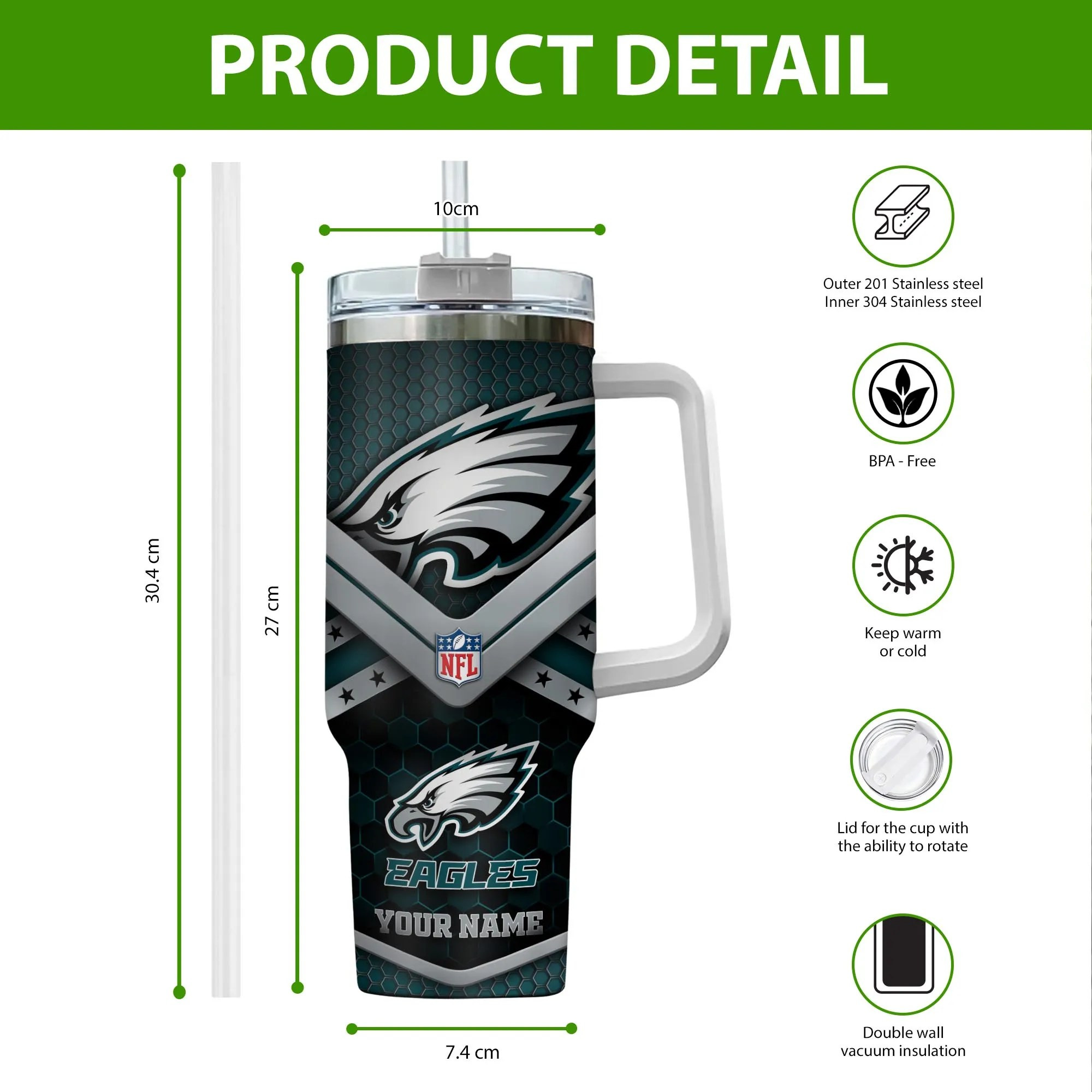 Philadelphia Eagles NFL Custom Stanley Cup 40 oz 30 oz Tumbler With Handle