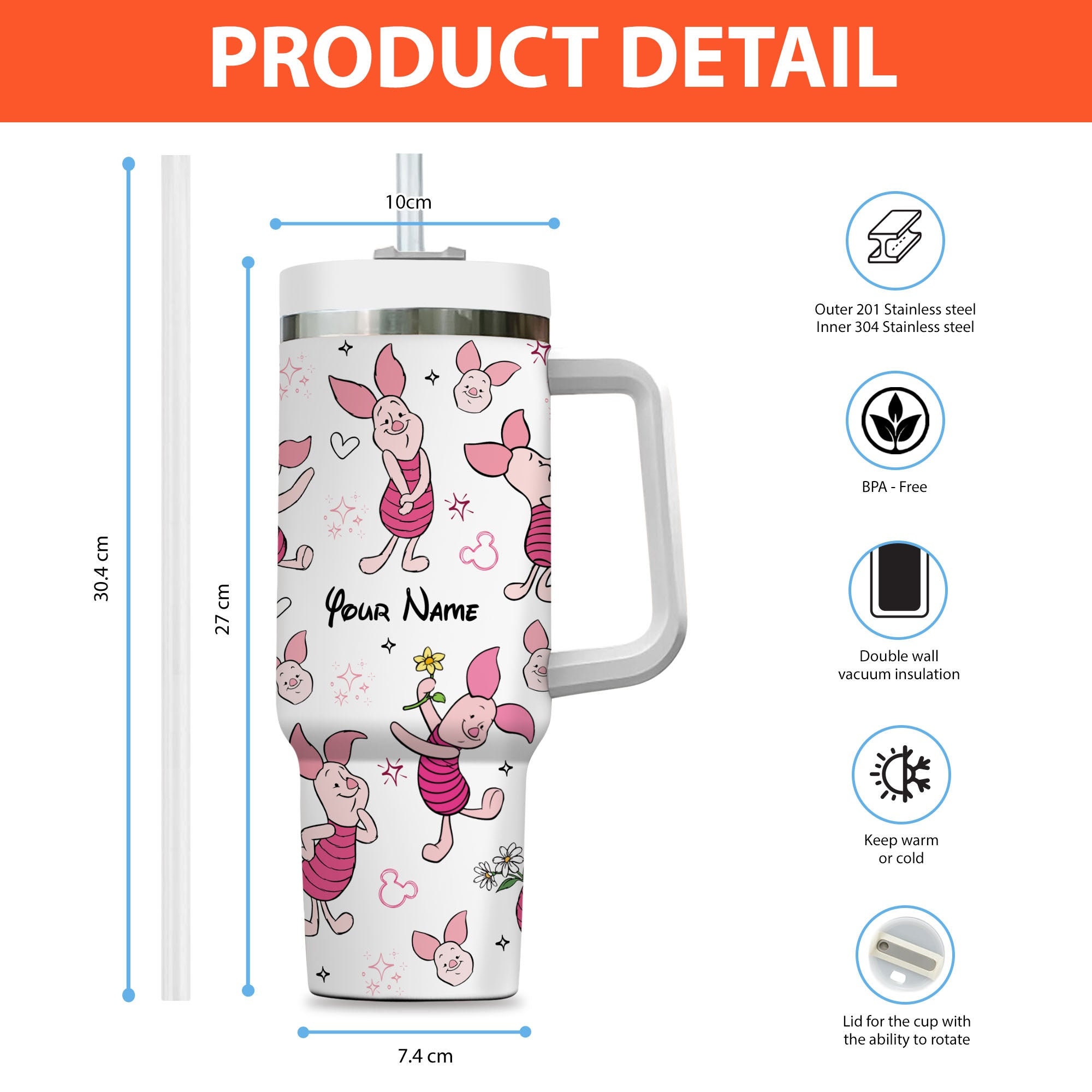 Piglet Winnie The Pooh Disney Cartoon Custom Stanley Cup 40 oz 30 oz Tumbler With Handle
