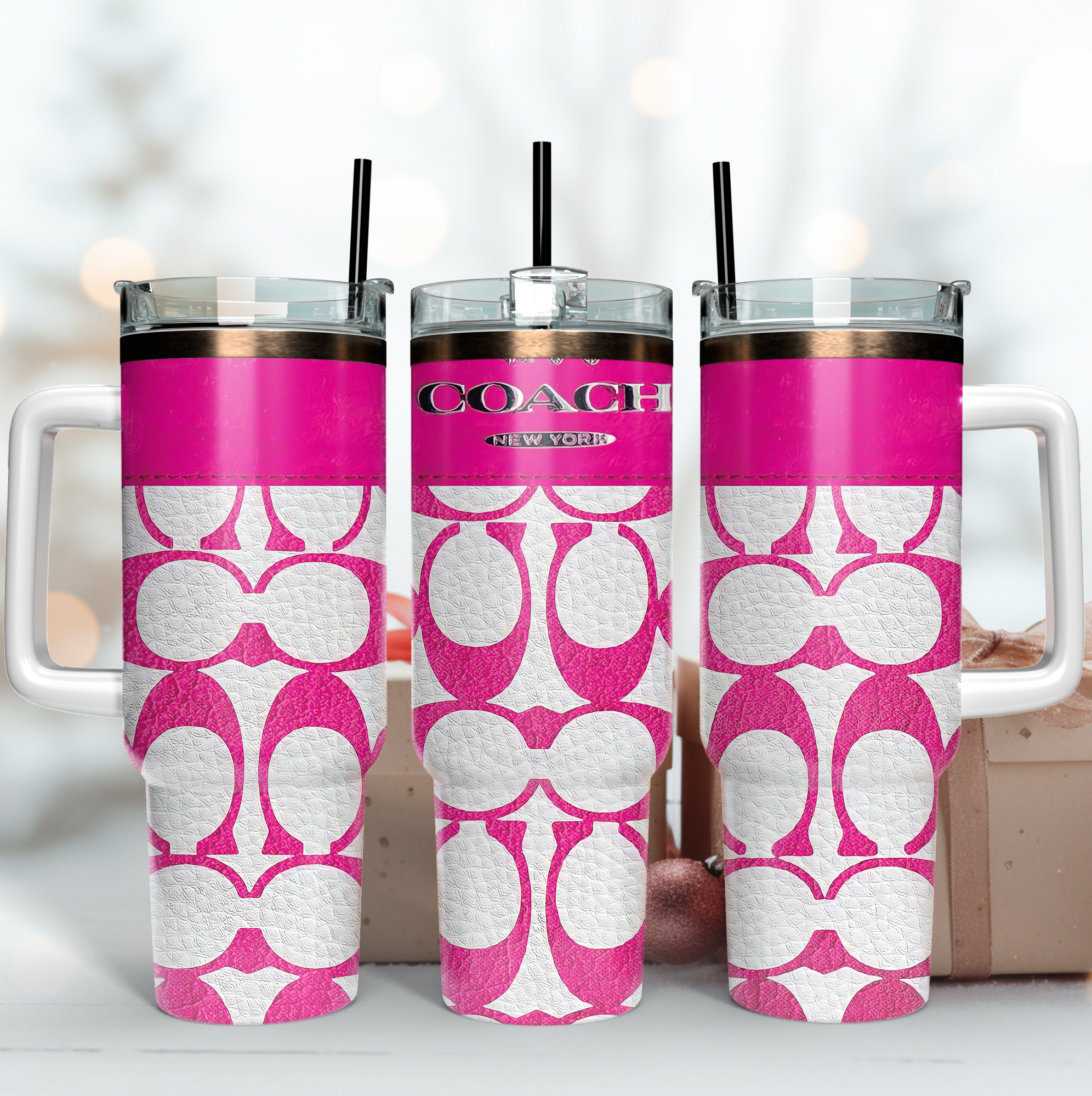 Pink Coach Logo Leather Pattern Custom Stanley Cup 40 oz 30 oz Tumbler With Handle