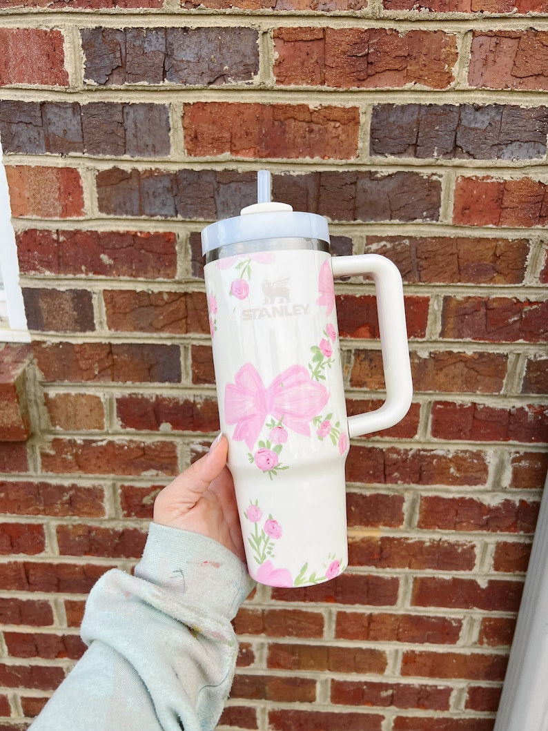 Pink Flower Custom Stanley Cup 40 oz 30 oz Tumbler With Handle