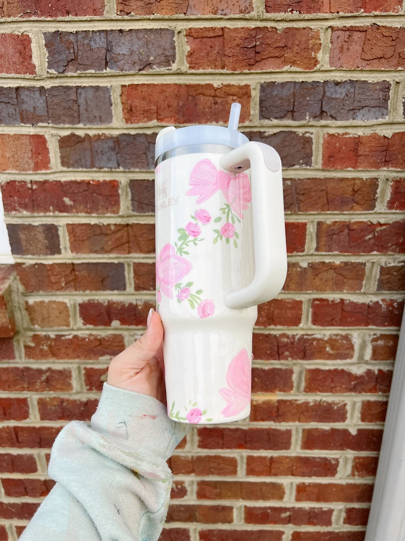 Pink Flower Custom Stanley Cup 40 oz 30 oz Tumbler With Handle