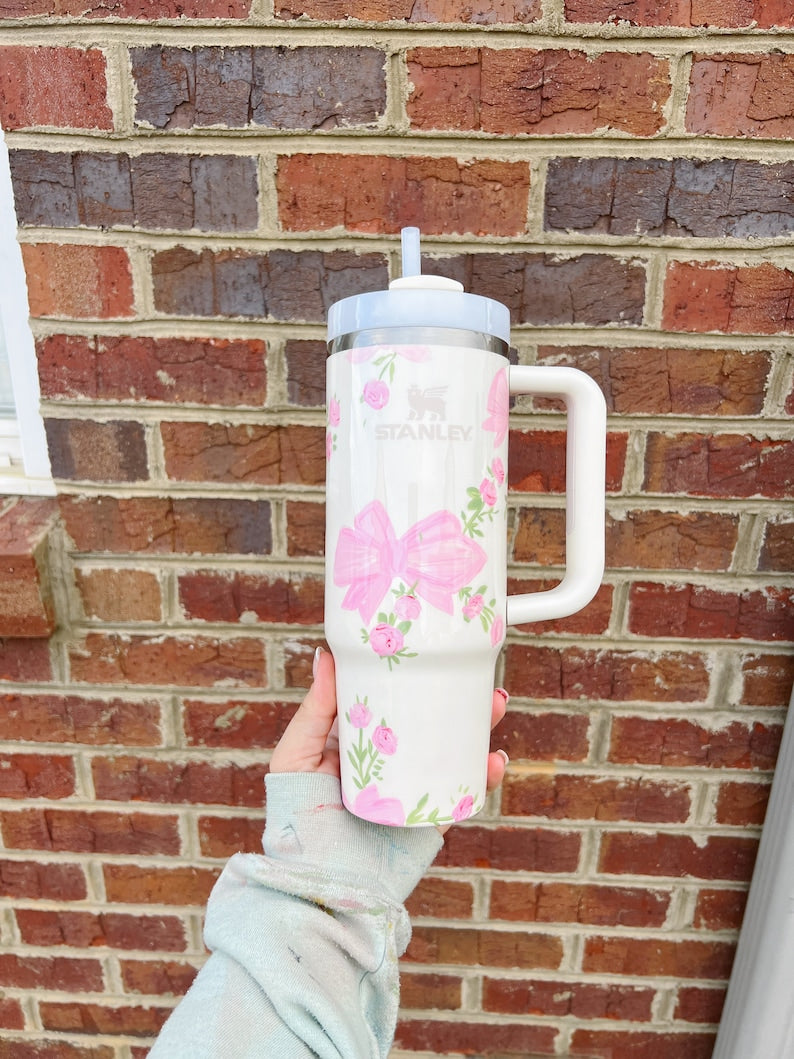 Pink Flower Custom Stanley Cup 40 oz 30 oz Tumbler With Handle
