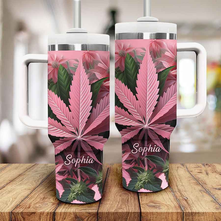 Pink Marijuana Leaf Custom Stanley Cup 40 oz 30 oz Tumbler With Handle