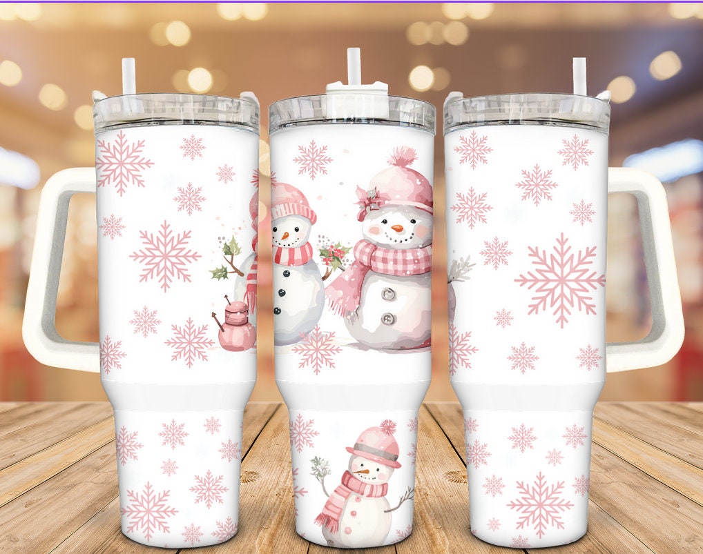 Pink Snowman Custom Stanley Cup 40 oz 30 oz Tumbler With Handle