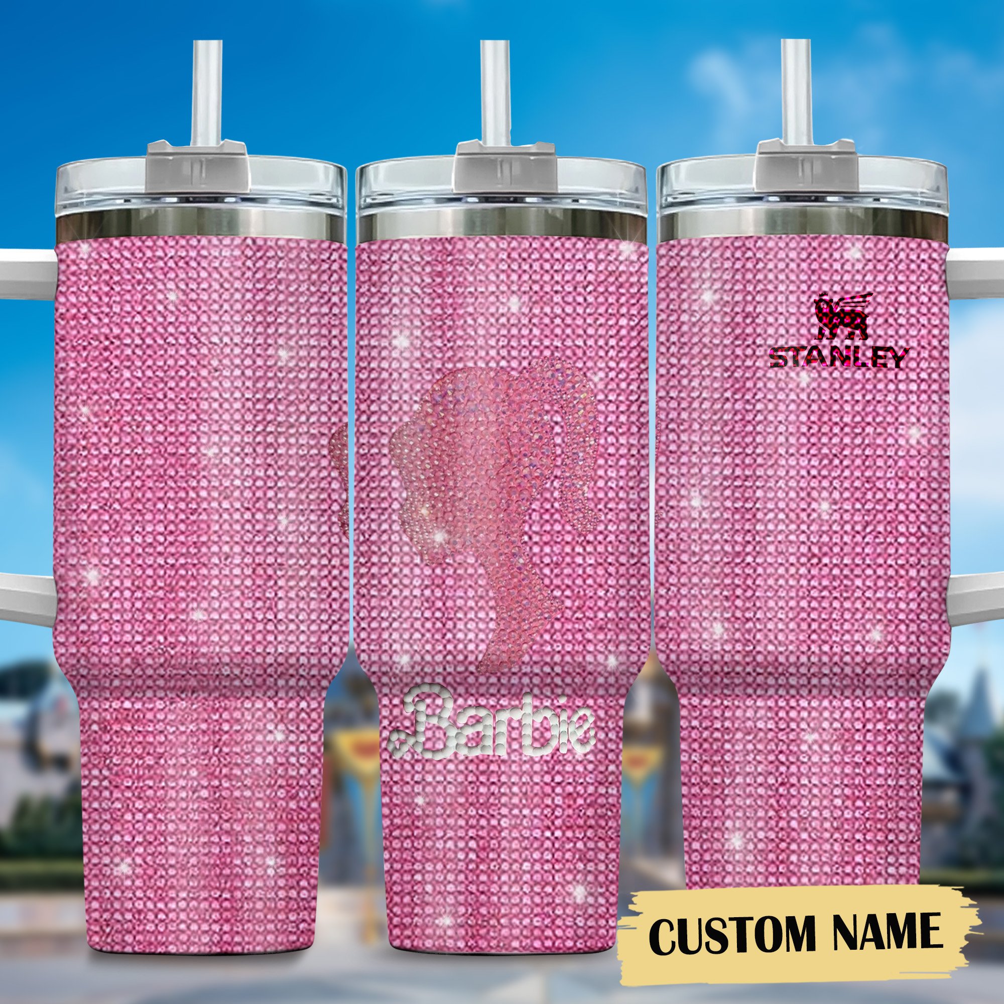 Rhinestone Bling Barbie Doll Cartoon Custom Stanley Cup 40 oz 30 oz Tumbler With Handle